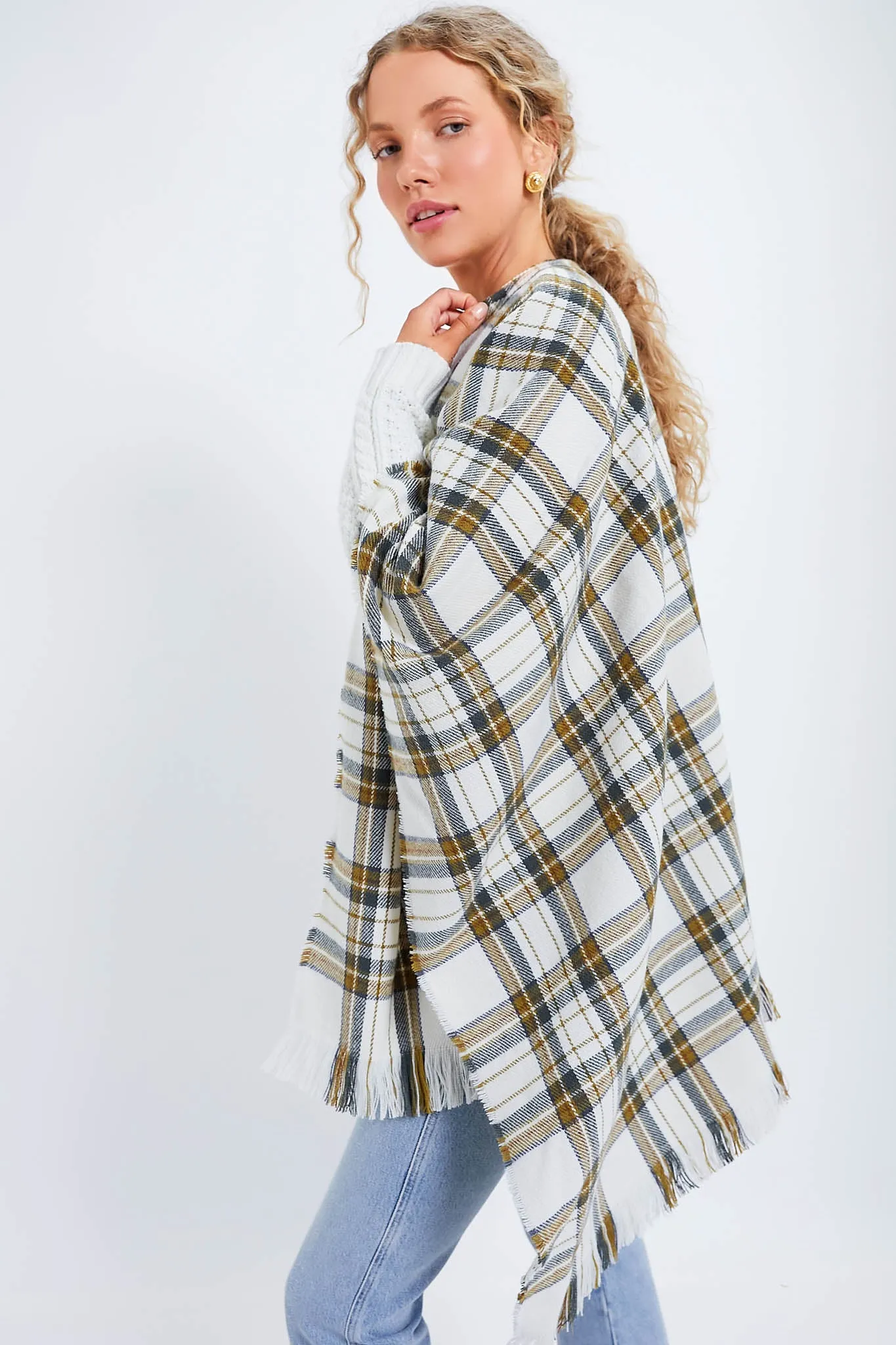 Exclusive Off White Plaid Ruana Poncho