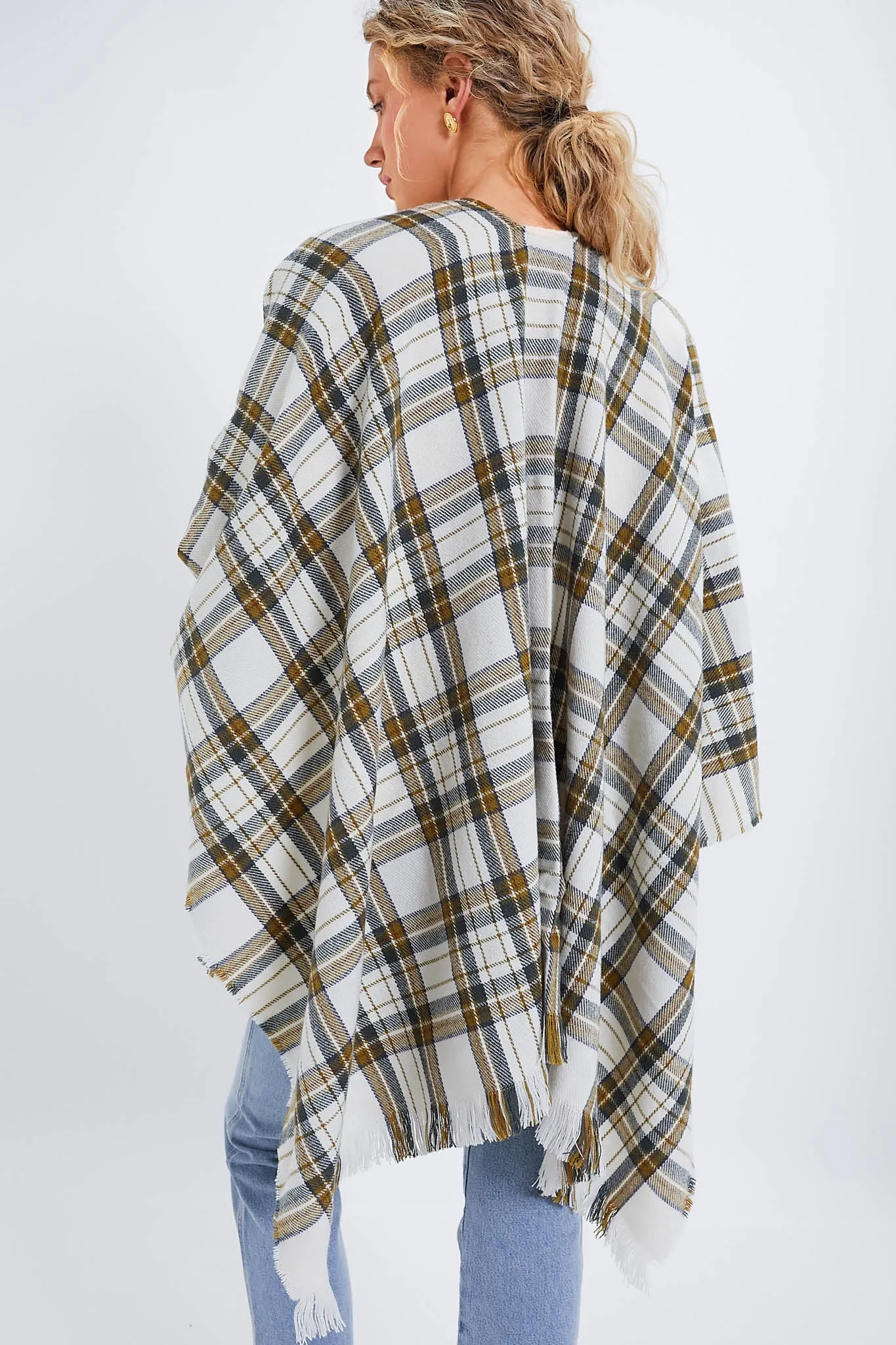 Exclusive Off White Plaid Ruana Poncho