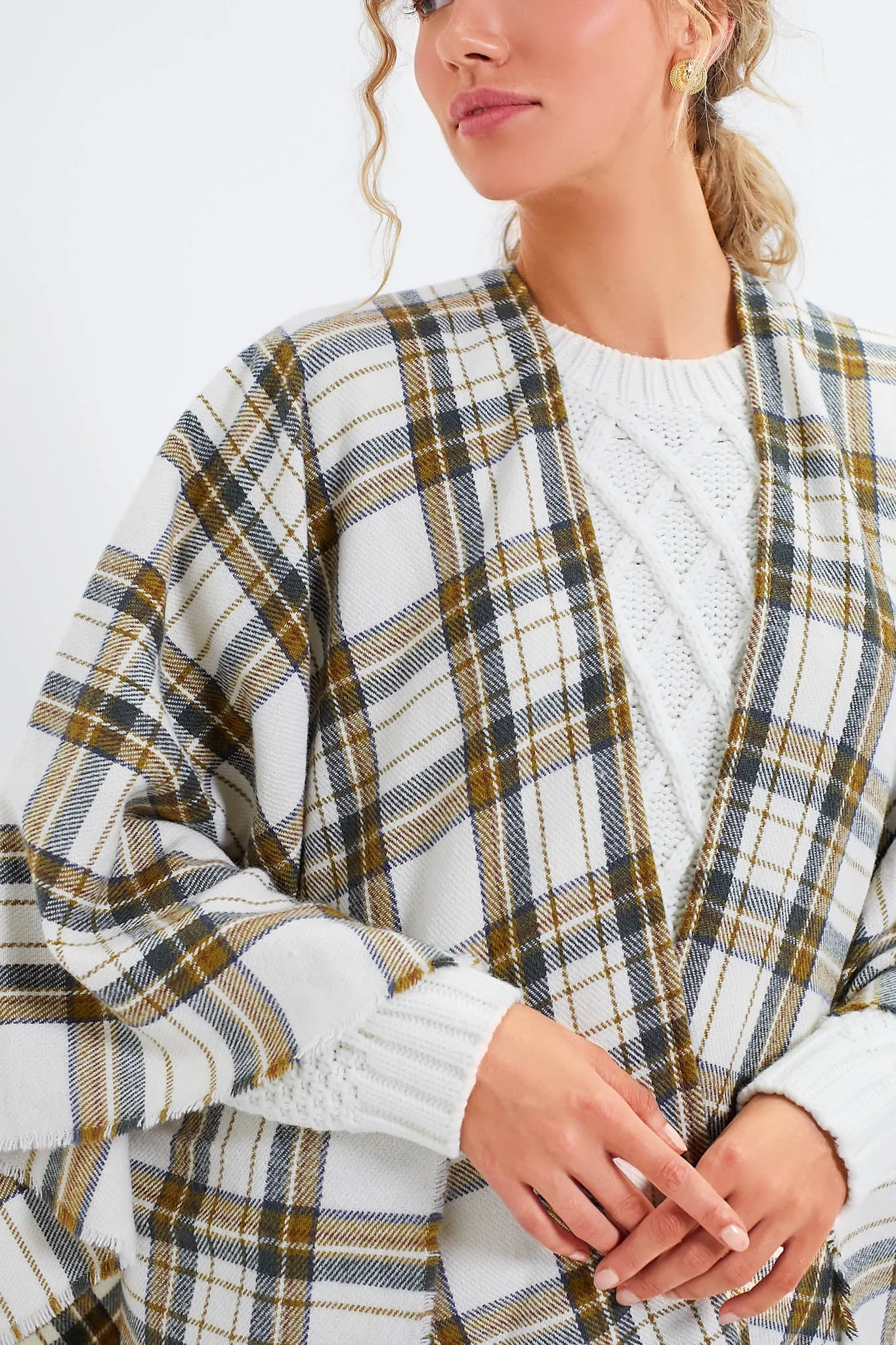 Exclusive Off White Plaid Ruana Poncho