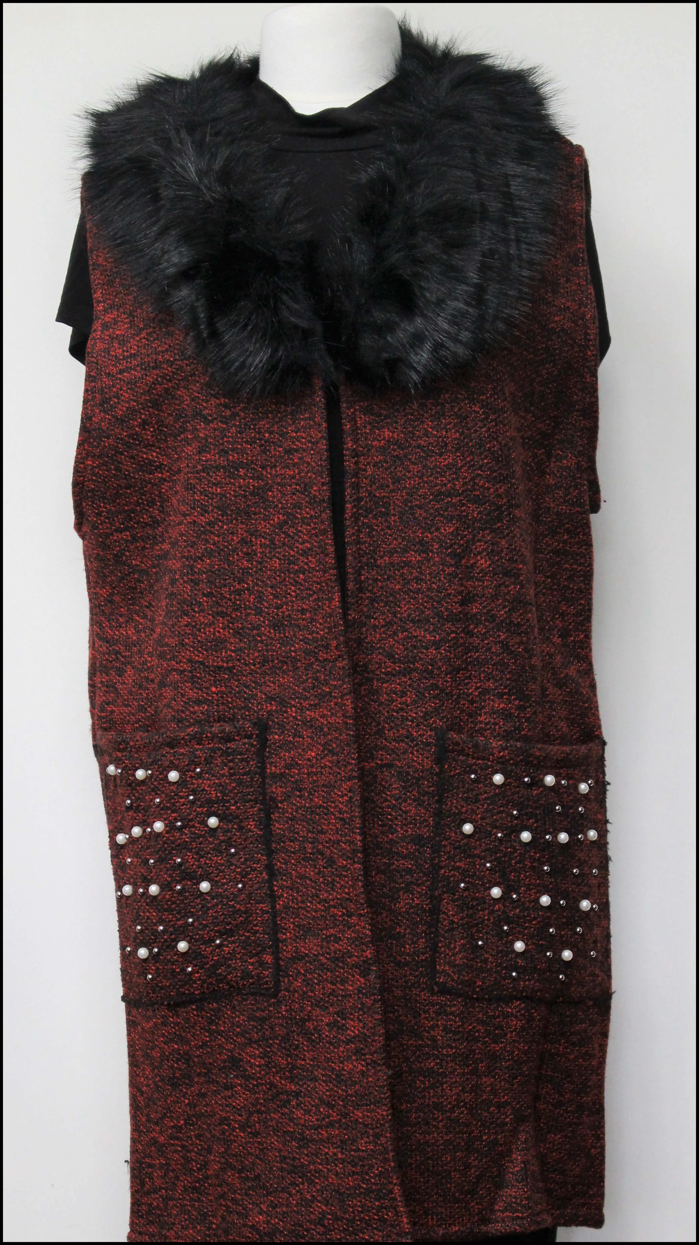 Fur Collar Vest with Pearl Accented Pockets