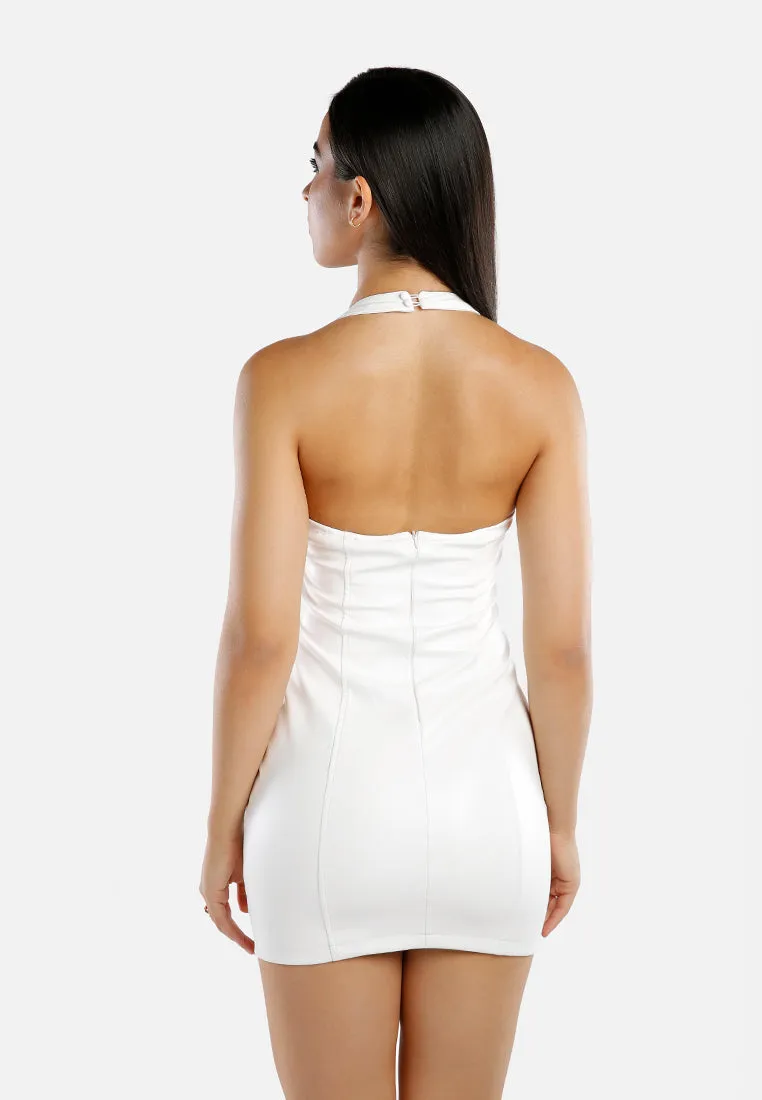 Halter Neck Faux Leather Bodycon Dress