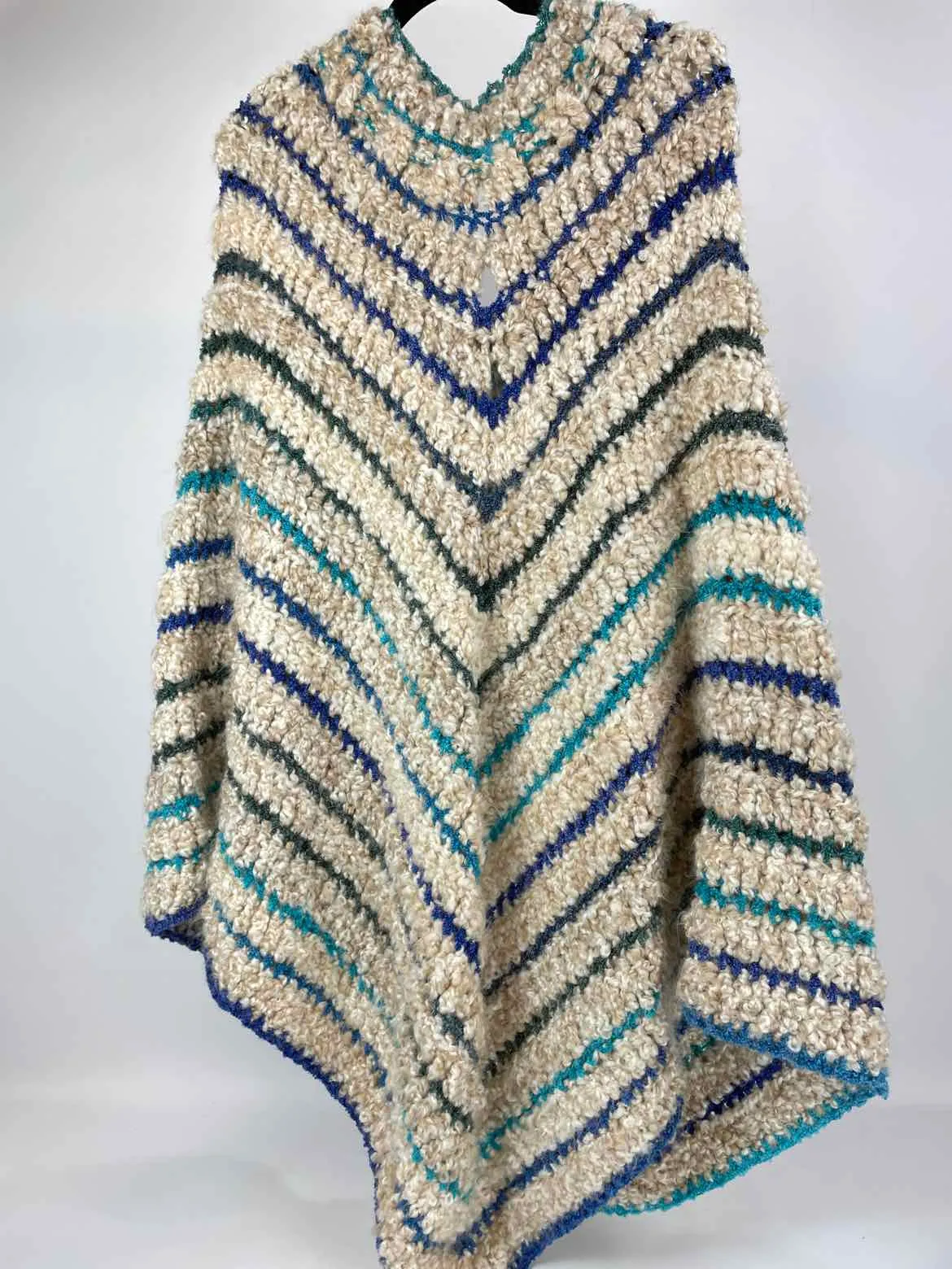 Handmade Size XL Blue&Tan Crochet Poncho