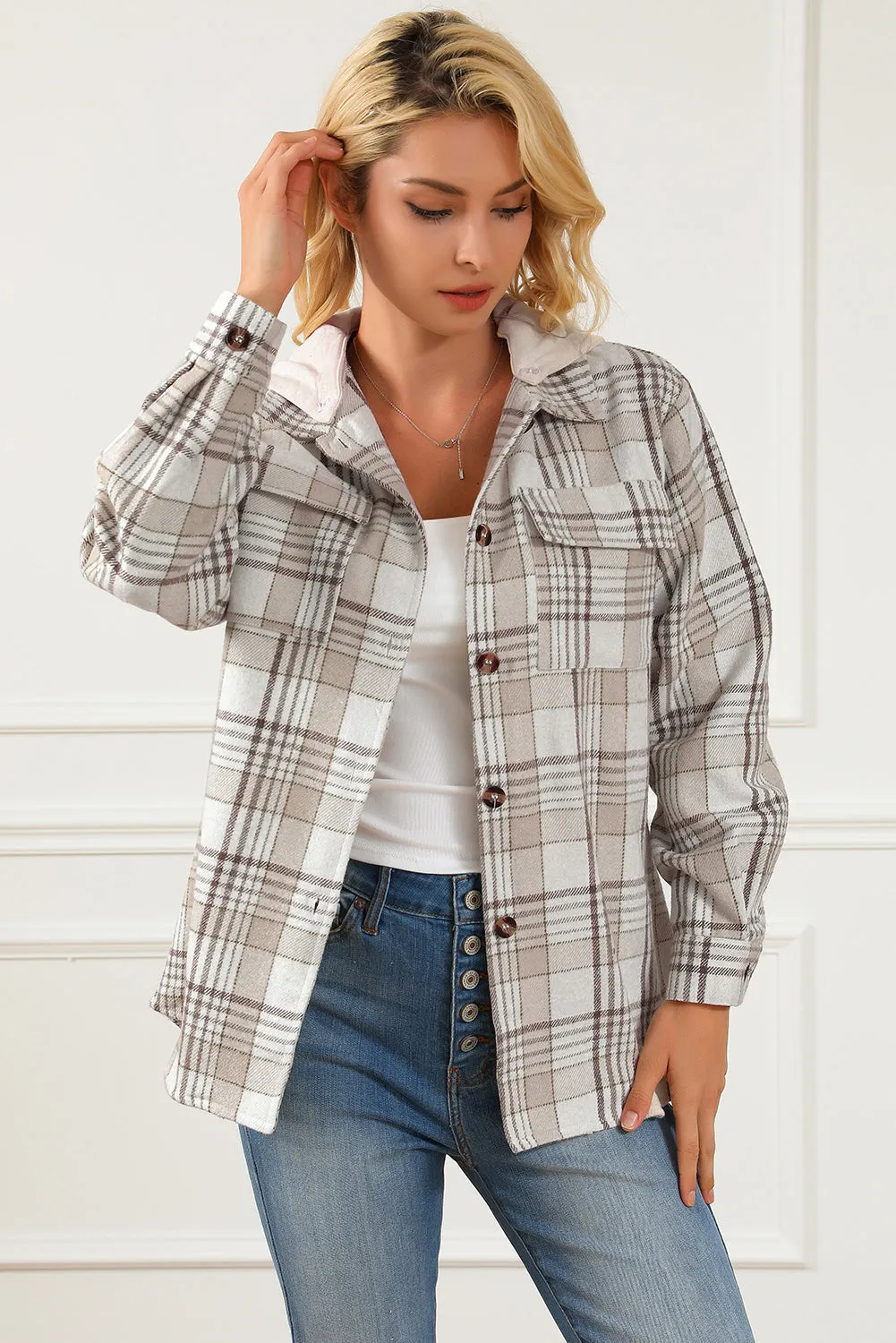 Khaki Plaid Removable Hood Buttoned Shacket