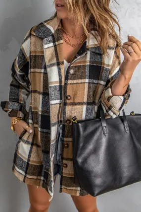 Loose Lapel Button Plaid Shirts Shacket