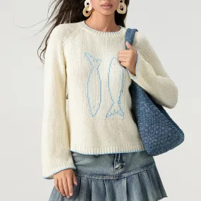 LVSANW 2000s Sweaters for Women Y2k Fish Embroidery Crewneck Long Sleeve Crochet Pullover Sweater Fall Winter Loose Knitted Jumper Tops