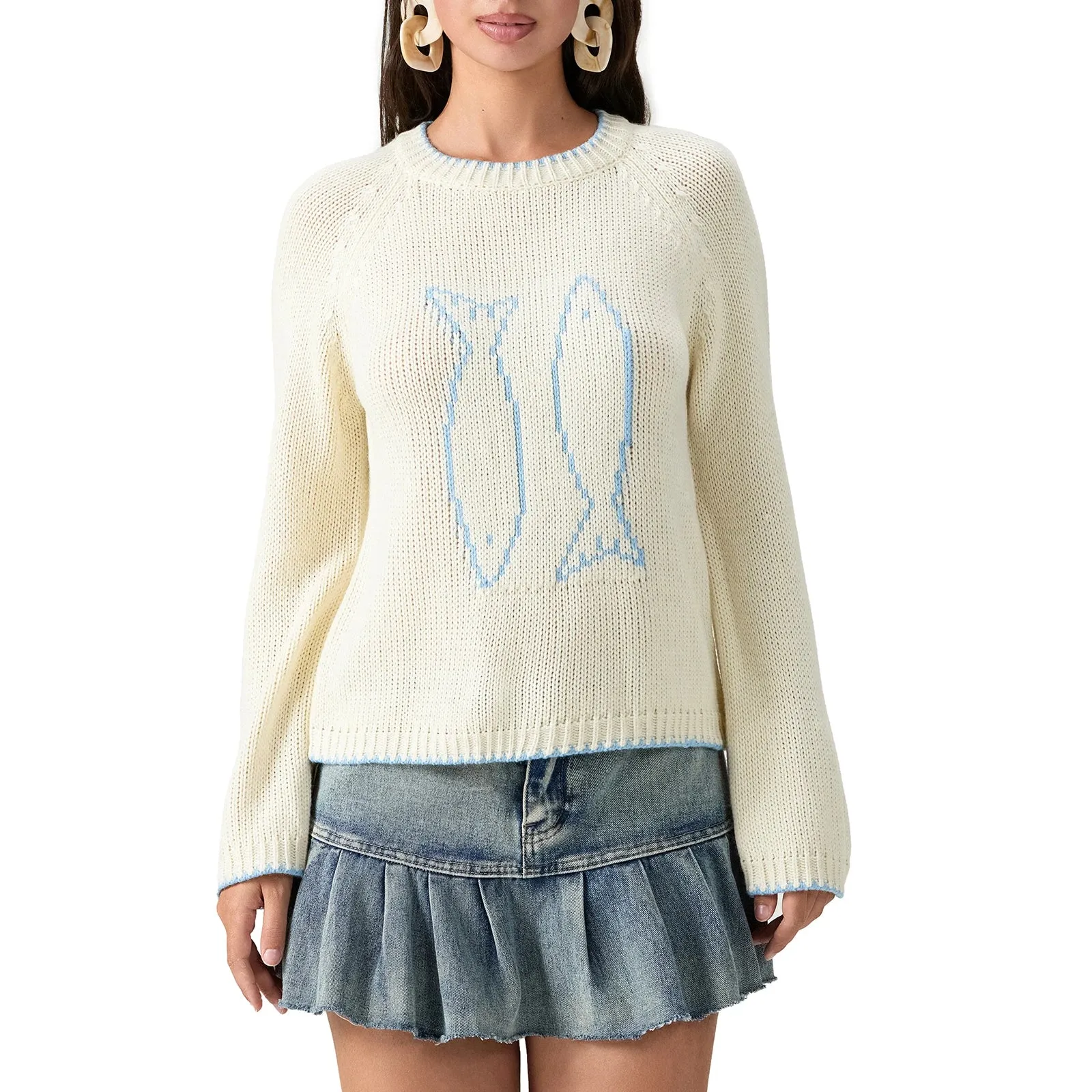 LVSANW 2000s Sweaters for Women Y2k Fish Embroidery Crewneck Long Sleeve Crochet Pullover Sweater Fall Winter Loose Knitted Jumper Tops