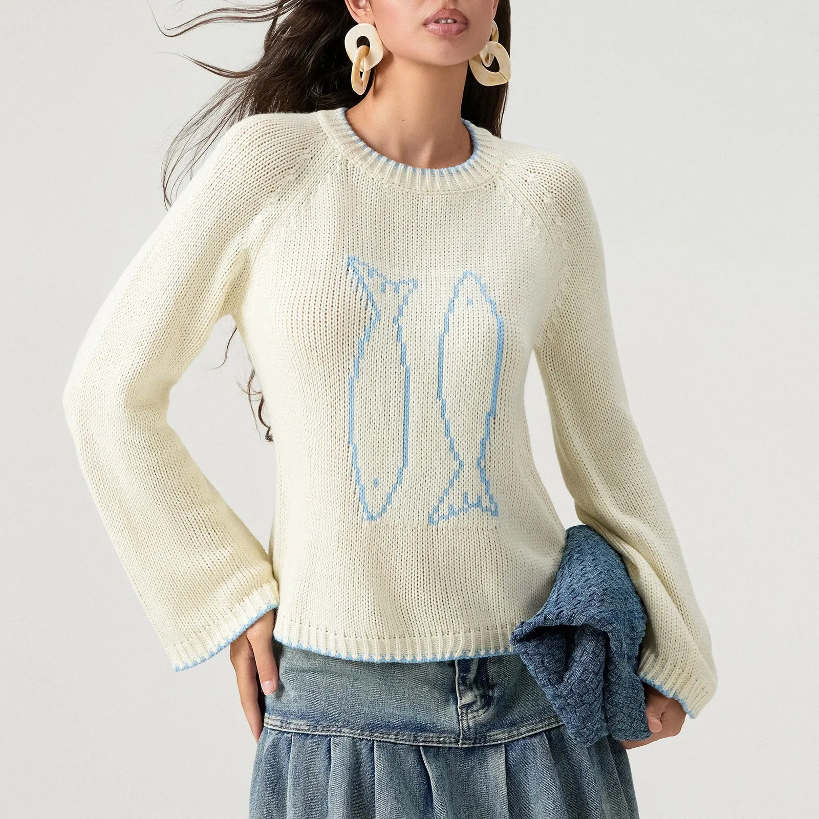 LVSANW 2000s Sweaters for Women Y2k Fish Embroidery Crewneck Long Sleeve Crochet Pullover Sweater Fall Winter Loose Knitted Jumper Tops