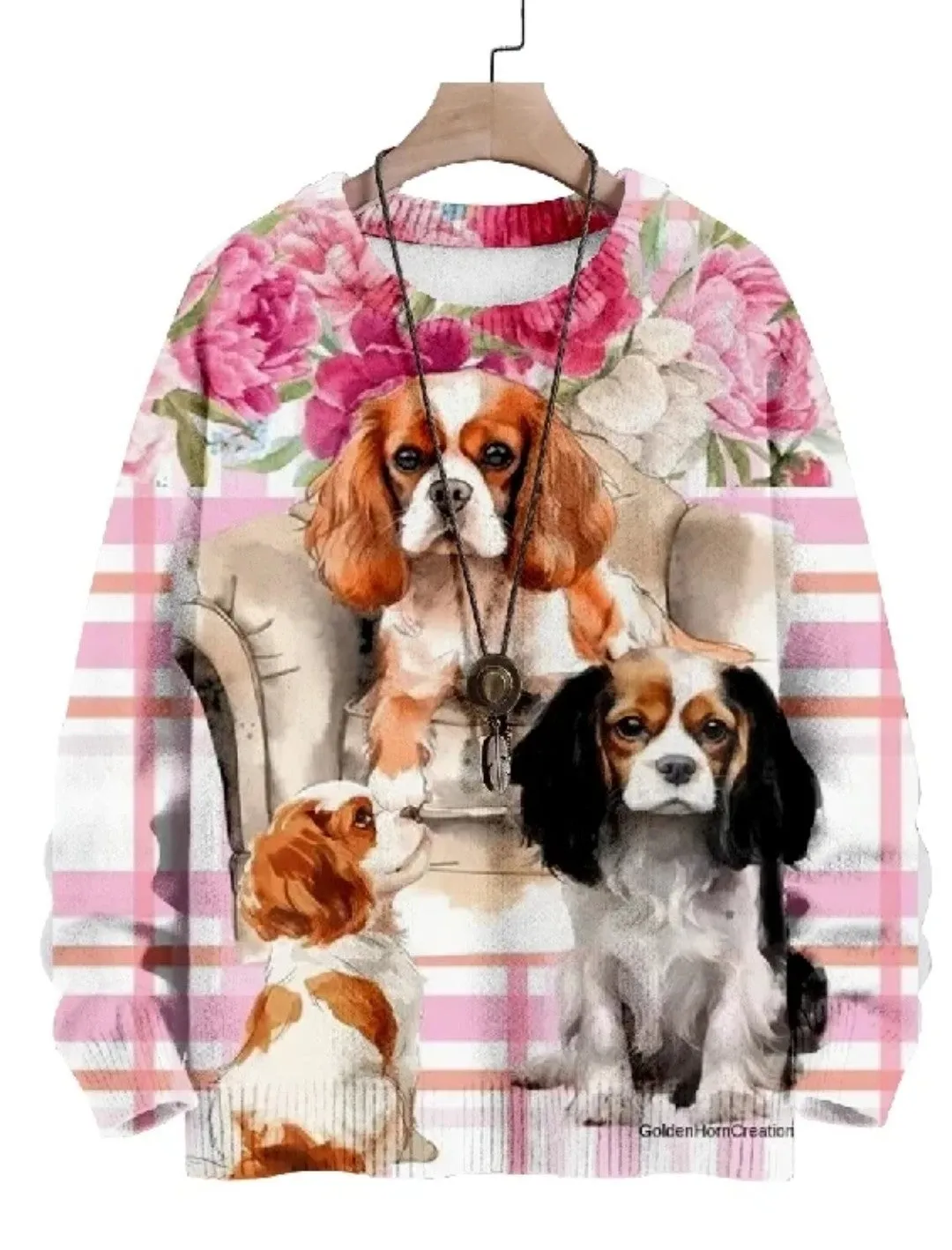 New Cavalier King Charles Spaniel Puppy Dog Ladies CrewNeck Pullover Causal Shirt Blouse Top