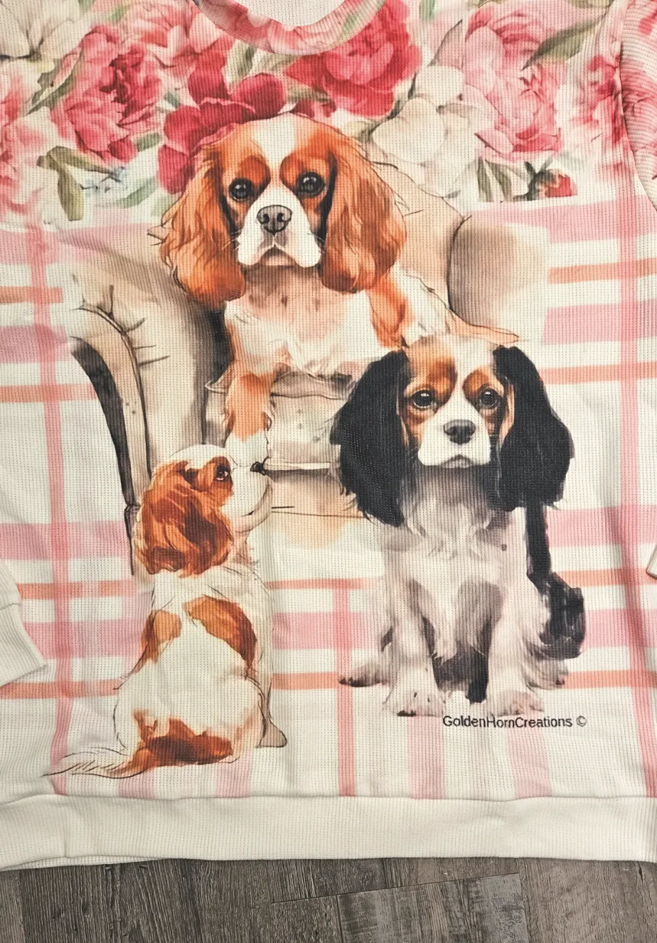 New Cavalier King Charles Spaniel Puppy Dog Ladies CrewNeck Pullover Causal Shirt Blouse Top