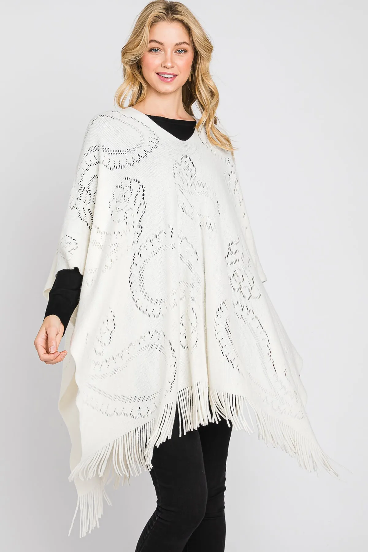 PAISLEY PATTERN FRINGE PONCHO