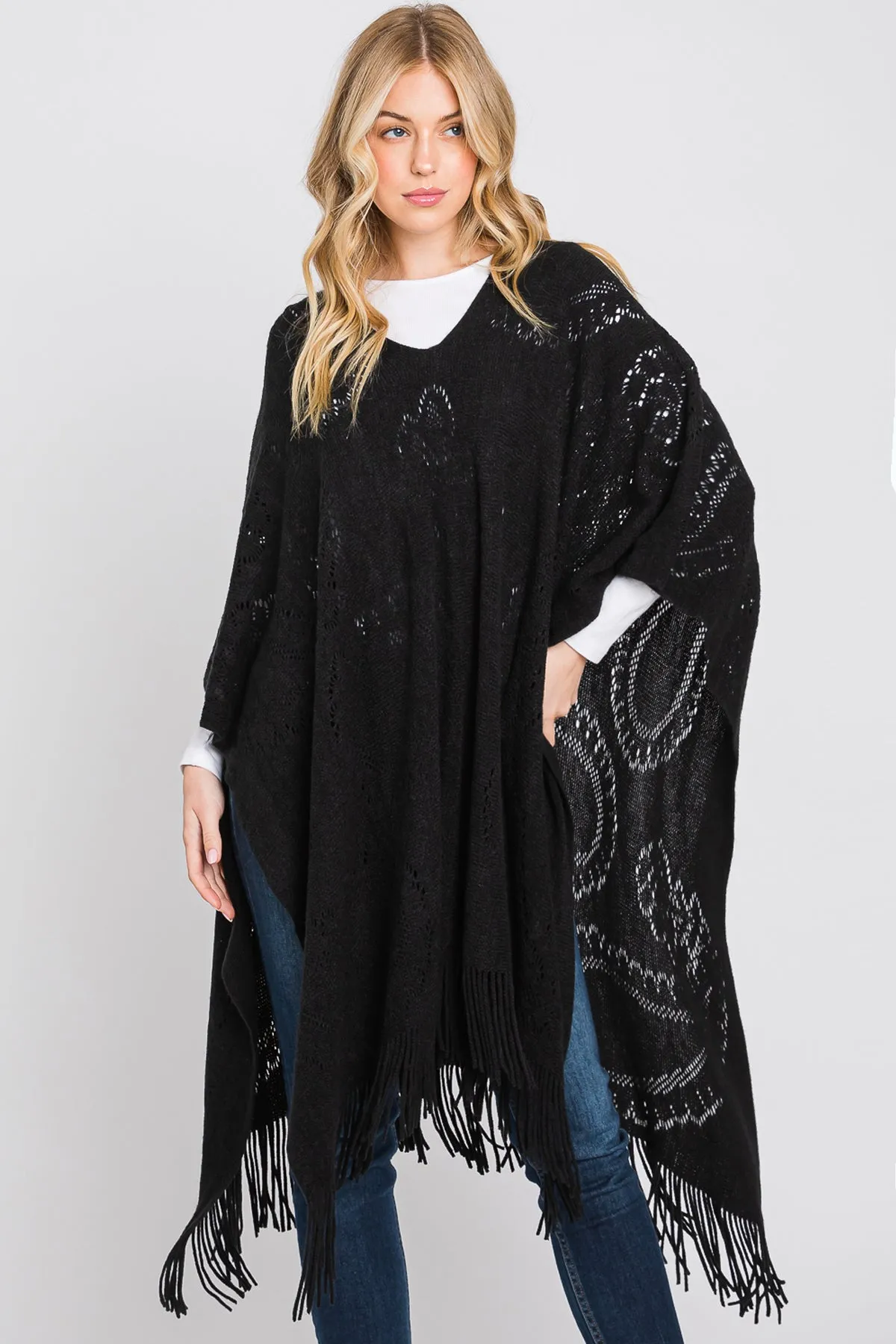 PAISLEY PATTERN FRINGE PONCHO