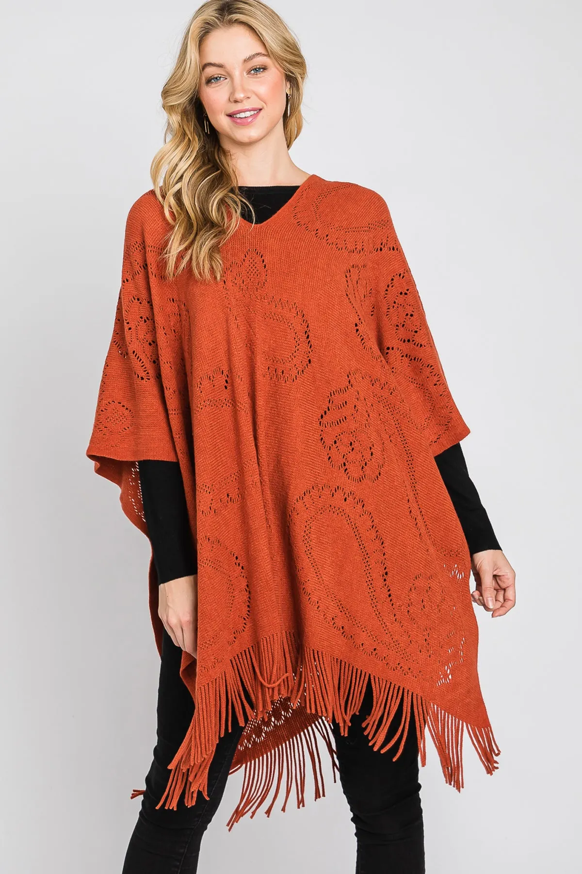 PAISLEY PATTERN FRINGE PONCHO