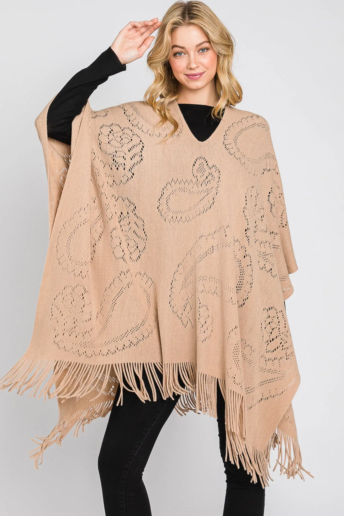 PAISLEY PATTERN FRINGE PONCHO