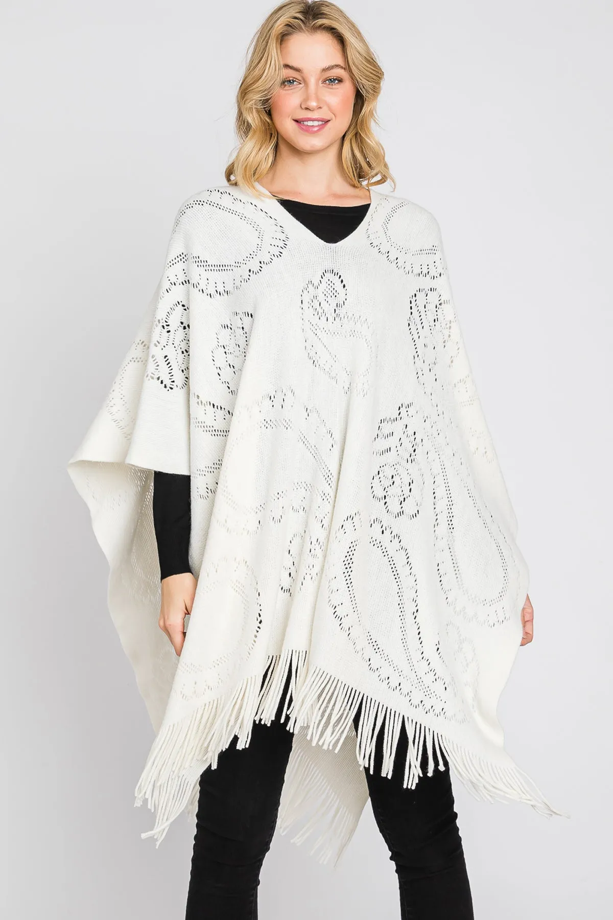 PAISLEY PATTERN FRINGE PONCHO