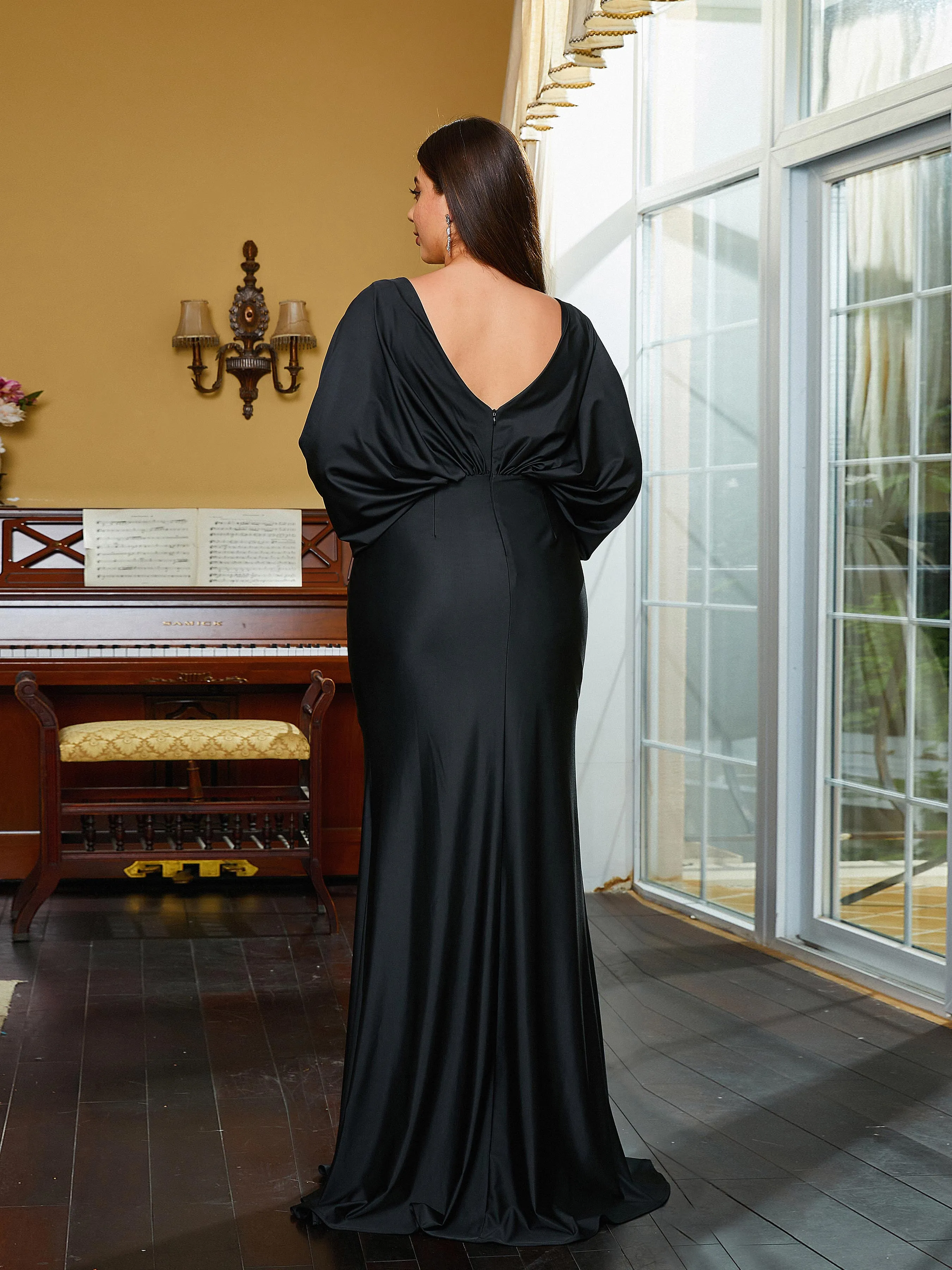 Plus Size Short Sleeve Panel Sequin Black Evening Dress PRM20769