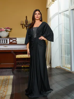 Plus Size Short Sleeve Panel Sequin Black Evening Dress PRM20769