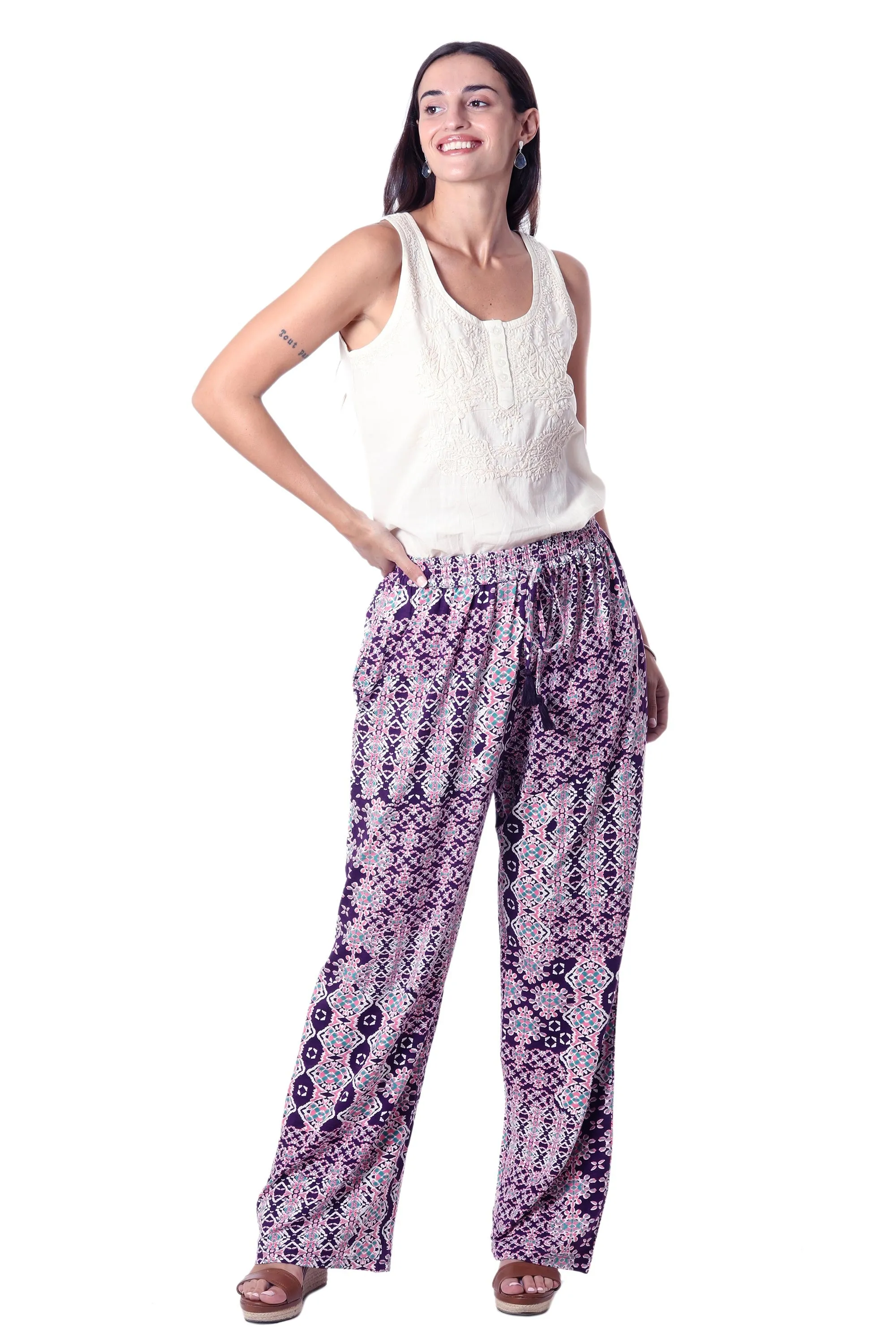 Purple Print Viscose Pants - Meena Bazaar in Purple | NOVICA