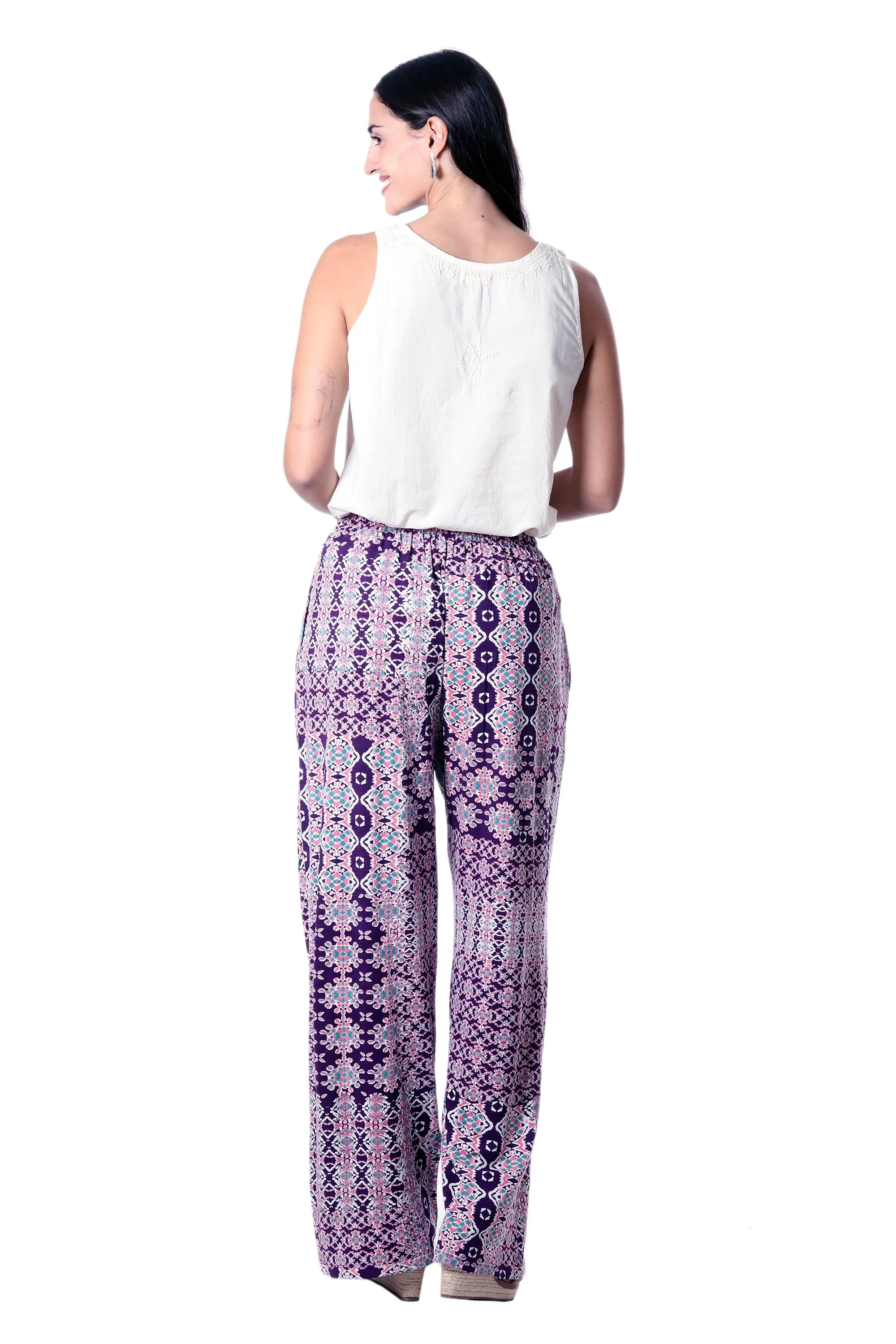 Purple Print Viscose Pants - Meena Bazaar in Purple | NOVICA