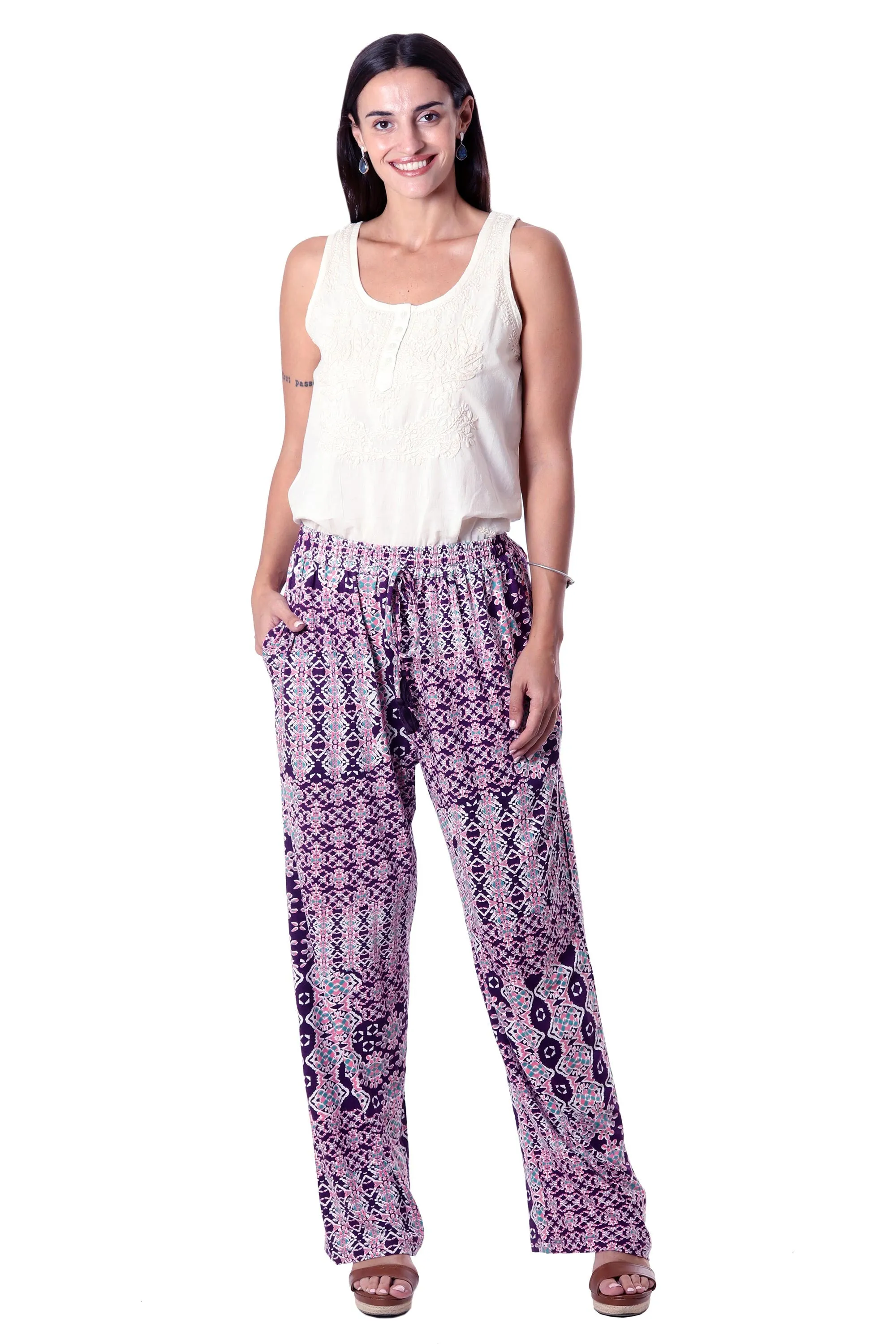 Purple Print Viscose Pants - Meena Bazaar in Purple | NOVICA