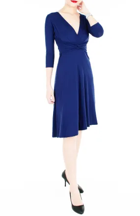 Romantic Knot Front Dress with ¾ Length Sleeves - Monaco Blue