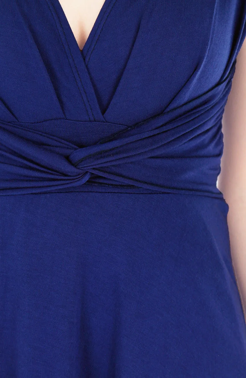 Romantic Knot Front Dress with ¾ Length Sleeves - Monaco Blue