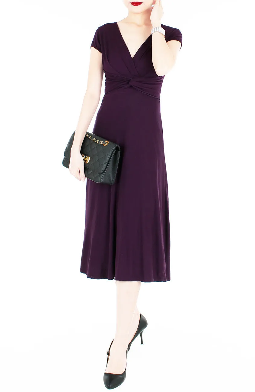 Romantic Knot Front Dress with Short Sleeves Midi Length - Mulberry