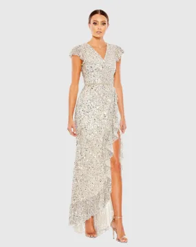 Sequin Faux Wrap Ruffle Wrap Cap Sleeve Gown - Silver Nude