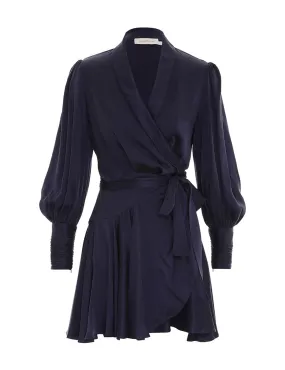 Silk Wrap Mini Dress (Navy )