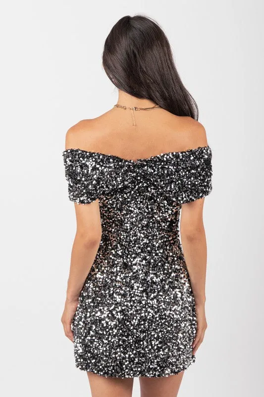 Silver Off Shoulder Fitted Sequin Bodycon Mini Dress