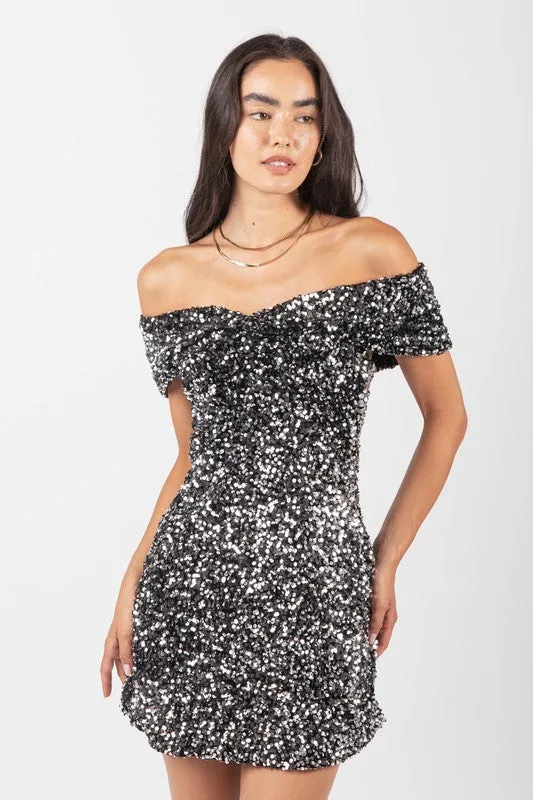 Silver Off Shoulder Fitted Sequin Bodycon Mini Dress