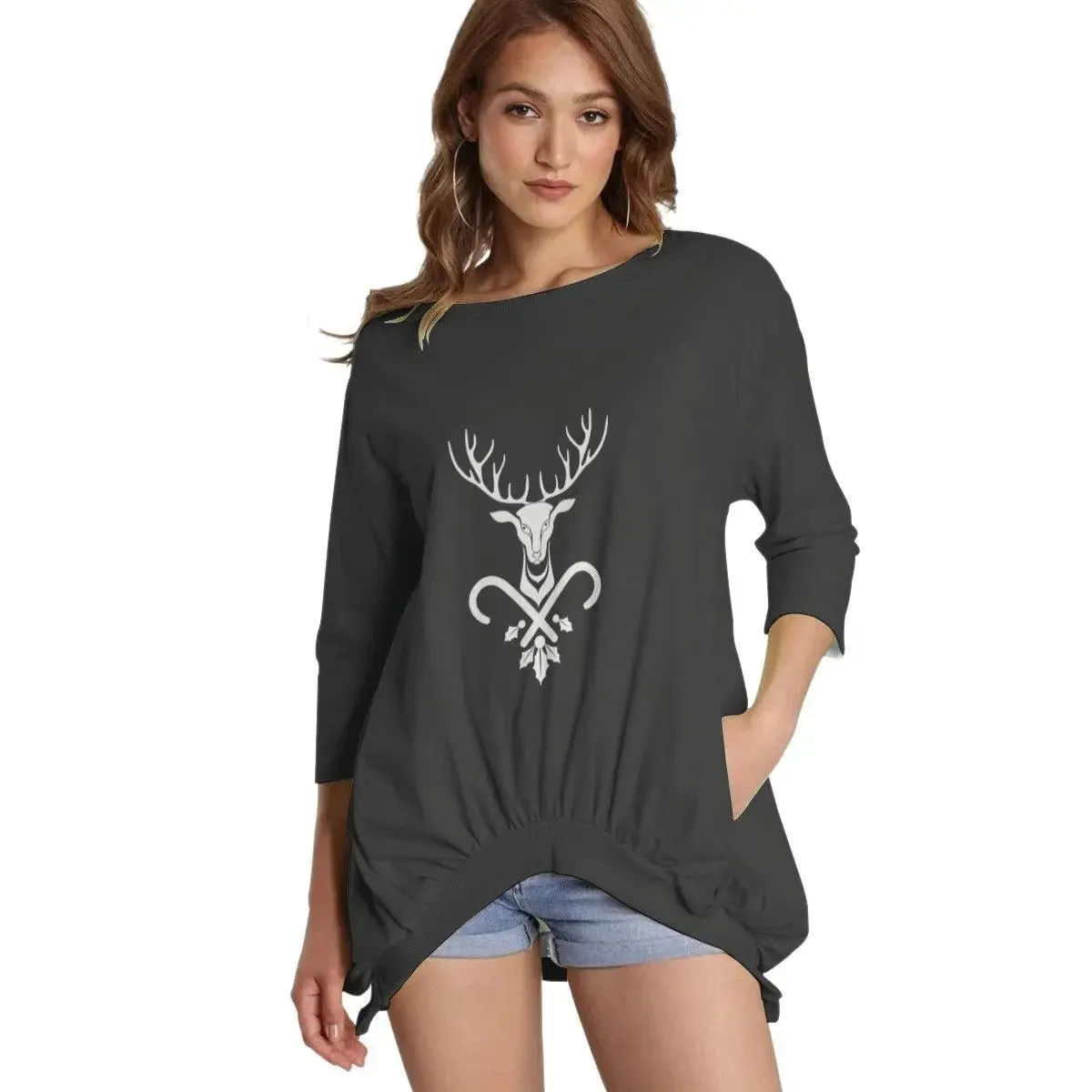 Sweatshirt With Irregular Pleated Hem - Deer
