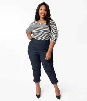 Unique Vintage Plus Size Denim Blue High Waist Rachelle Capri Pants