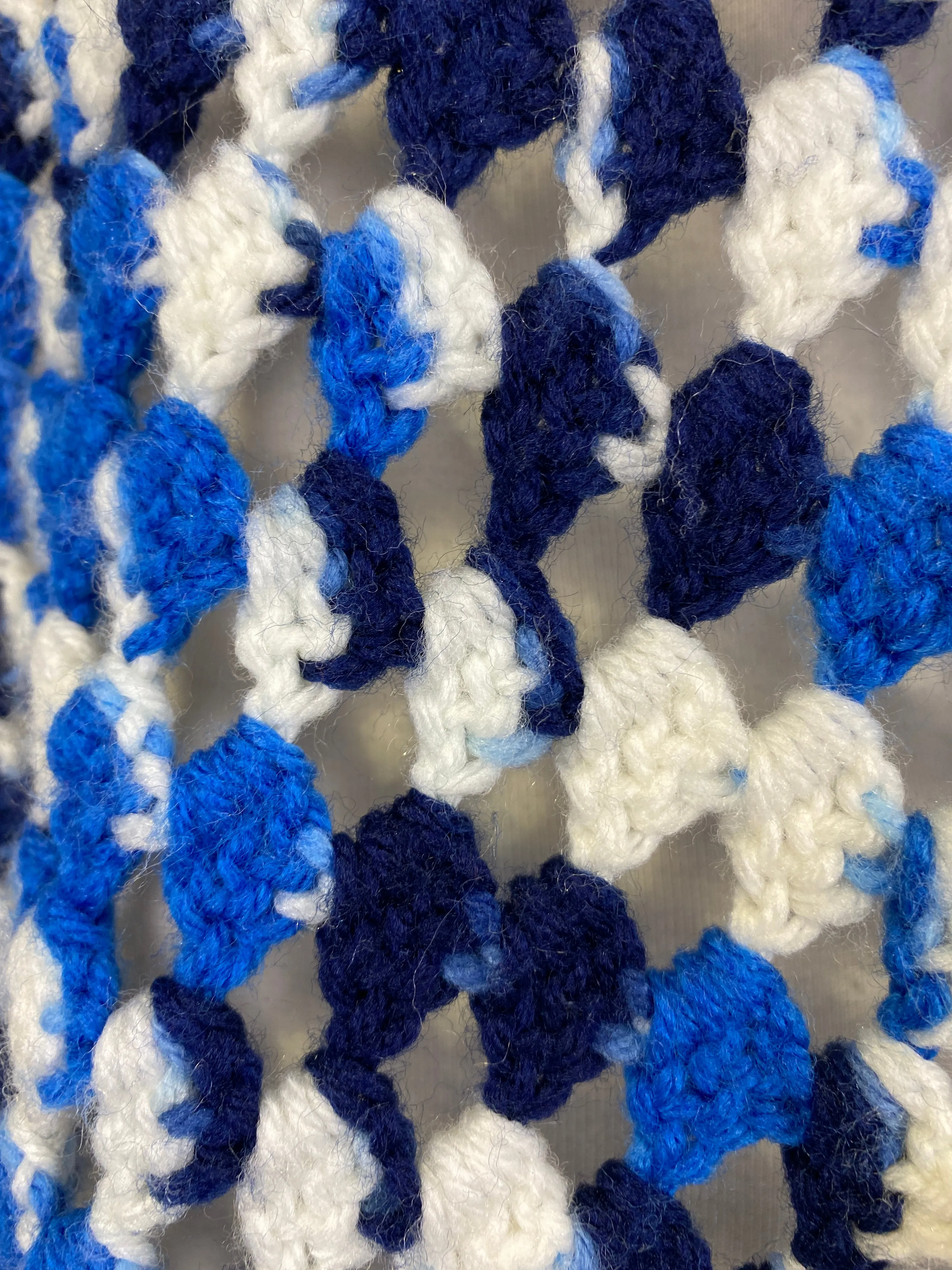 Vintage 1970s Blue & White Crochet Fringed Poncho