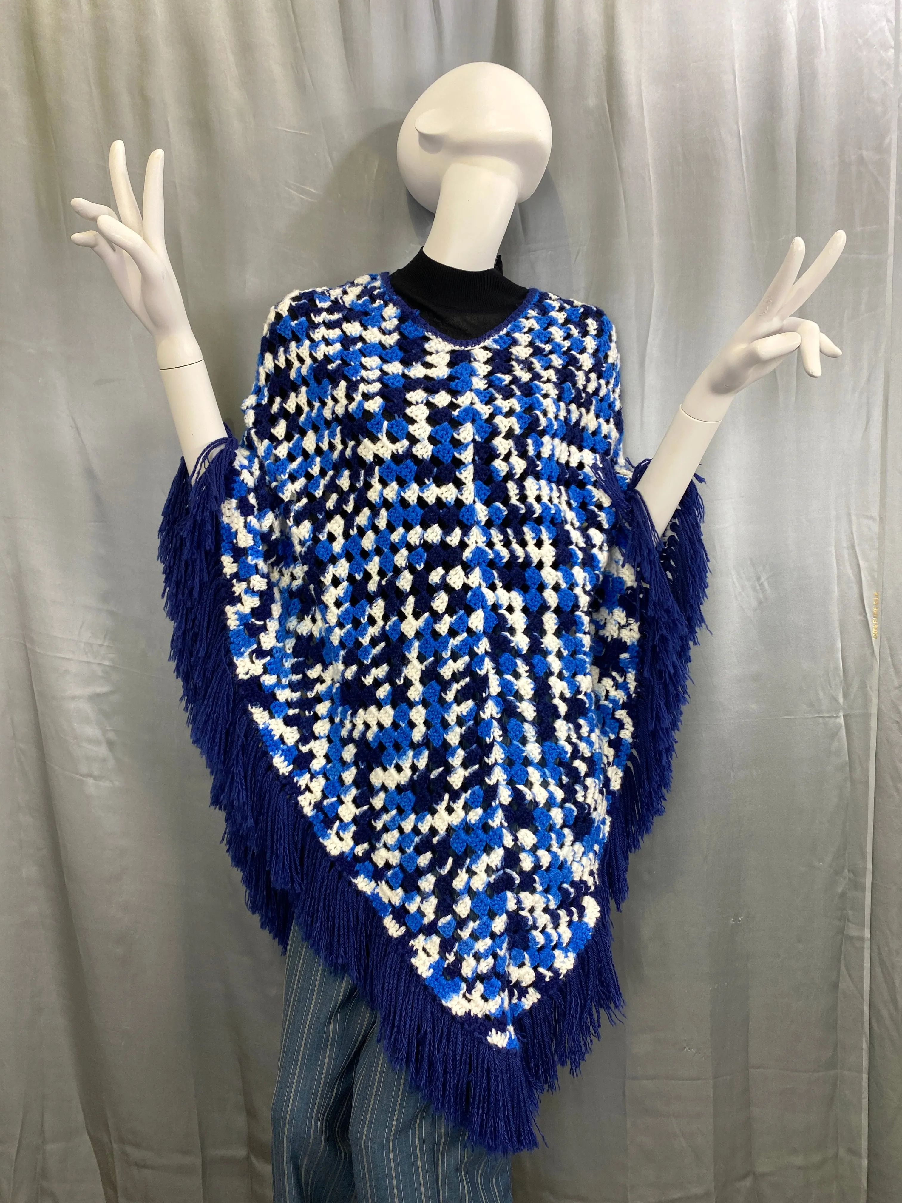 Vintage 1970s Blue & White Crochet Fringed Poncho