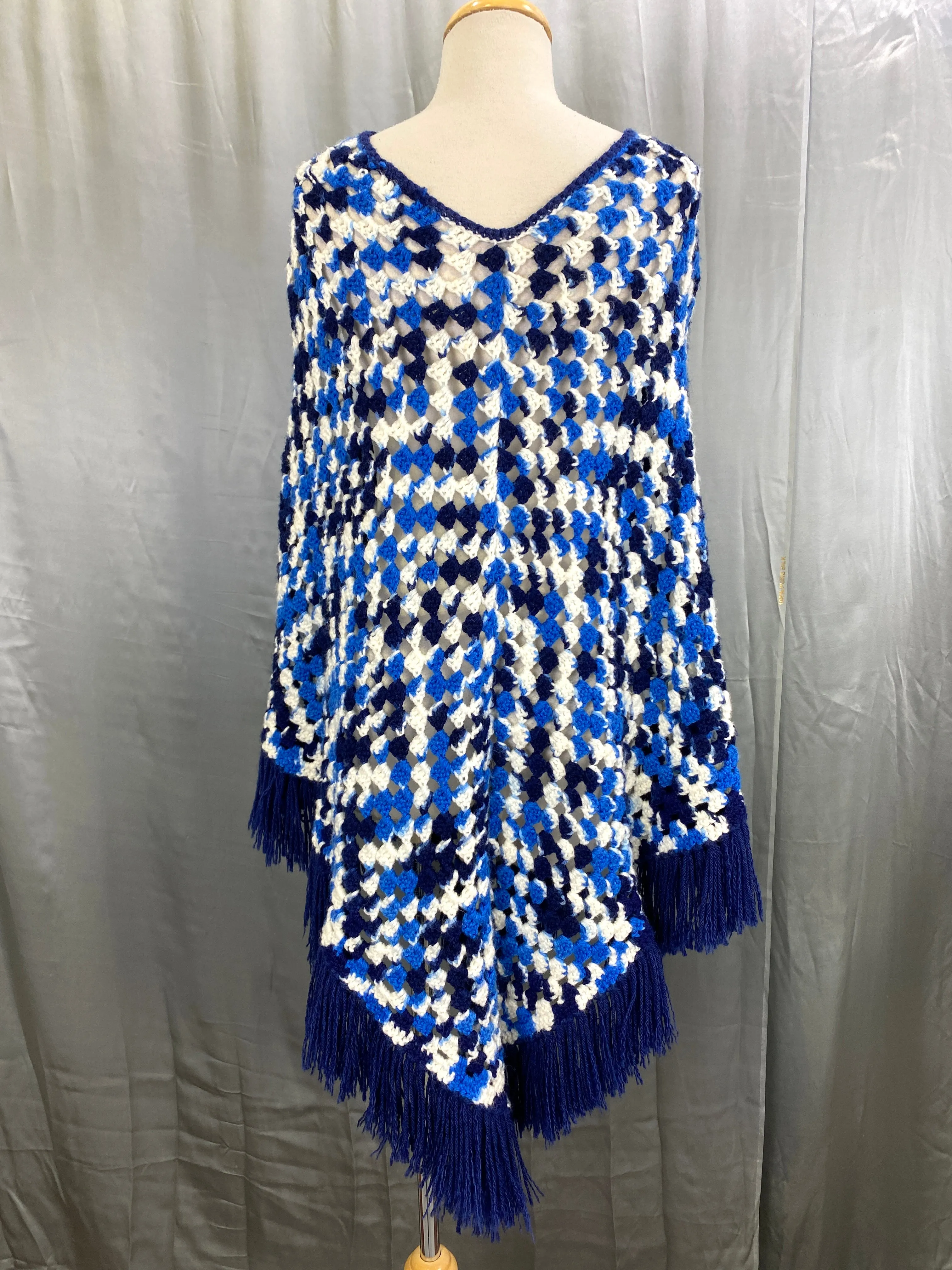 Vintage 1970s Blue & White Crochet Fringed Poncho