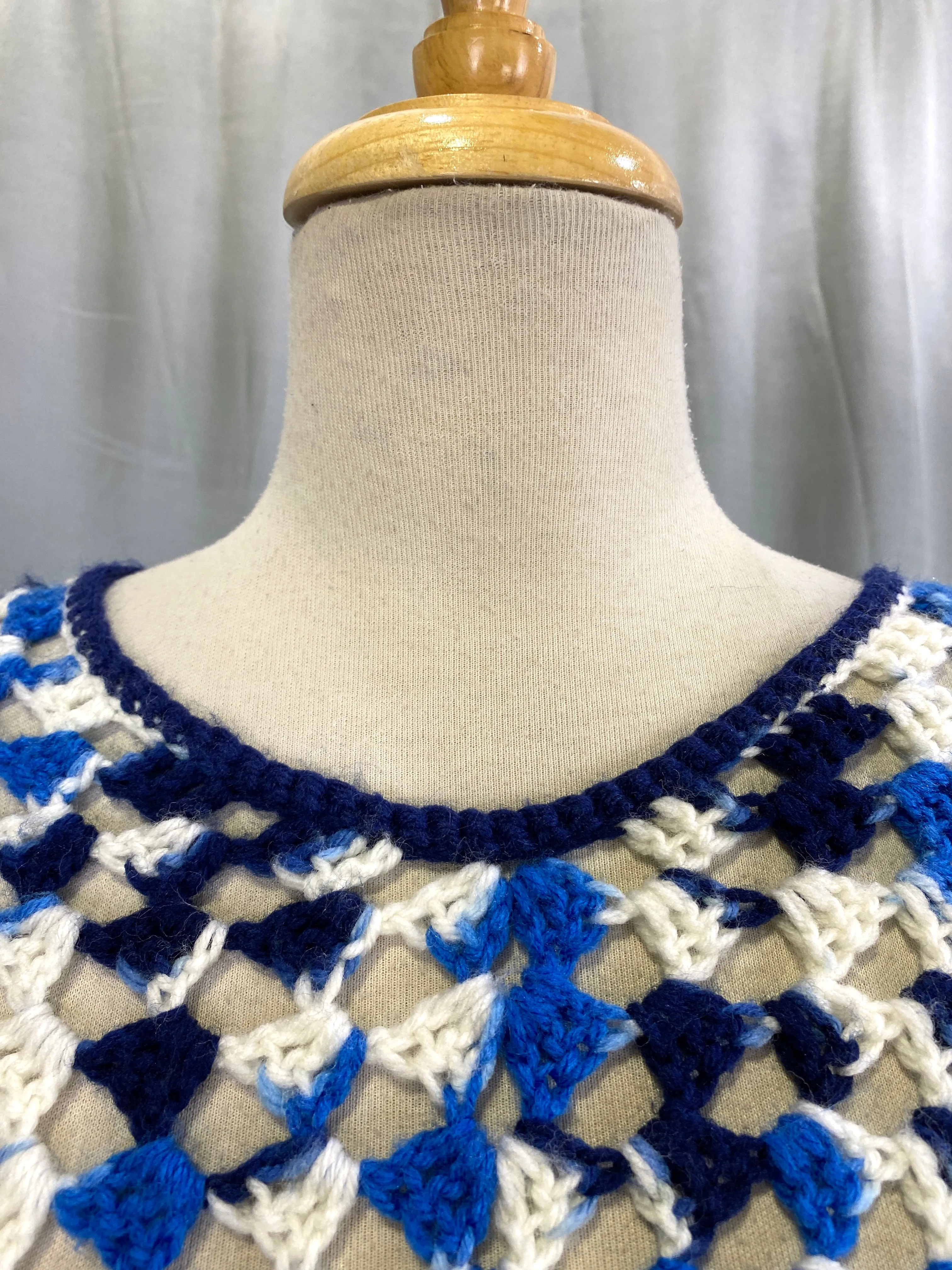 Vintage 1970s Blue & White Crochet Fringed Poncho