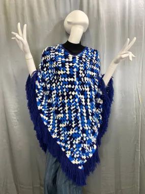 Vintage 1970s Blue & White Crochet Fringed Poncho