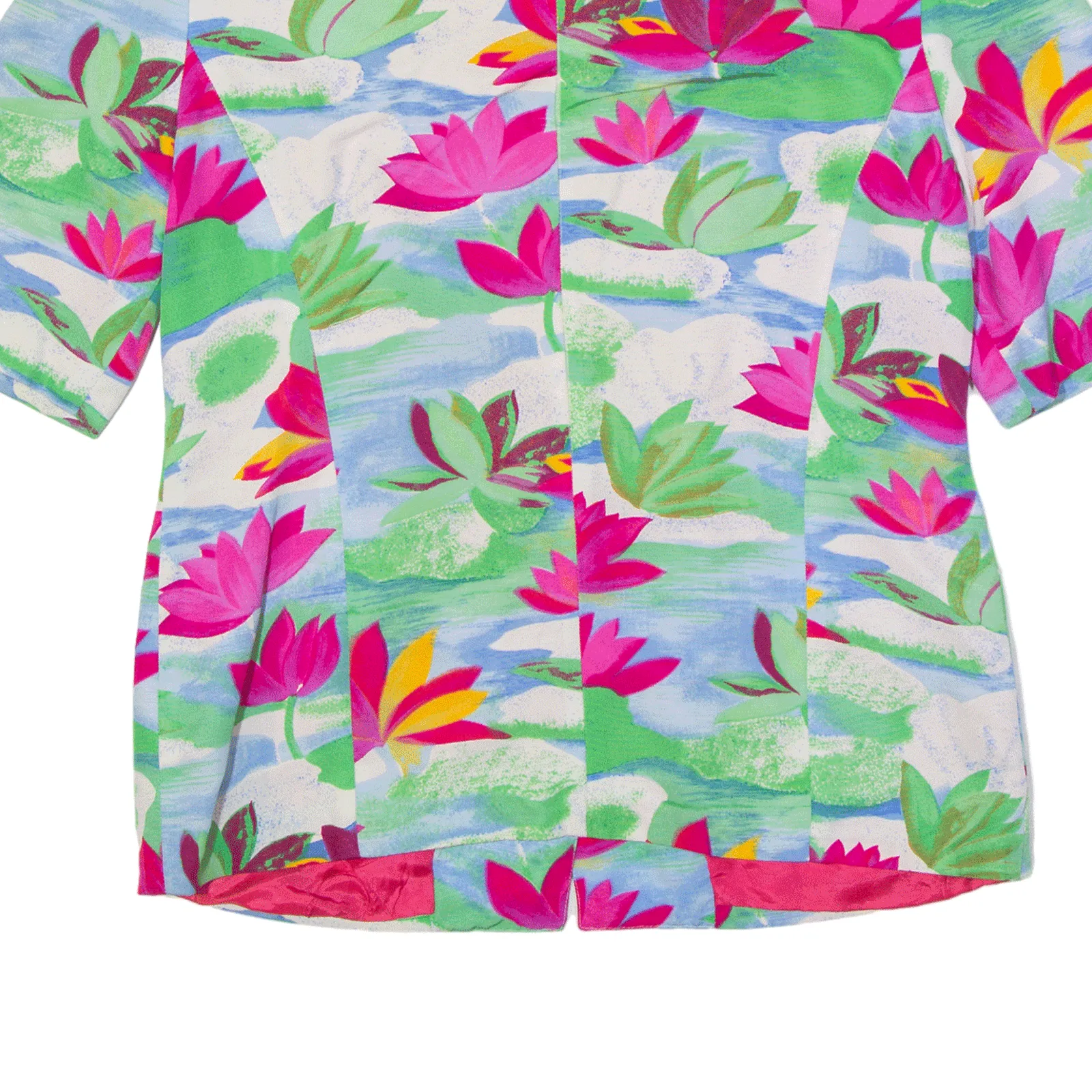 Water Lilies Padded Shoulder Short Sleeve Overcoat Jacket Pink 90s Floral Womens M