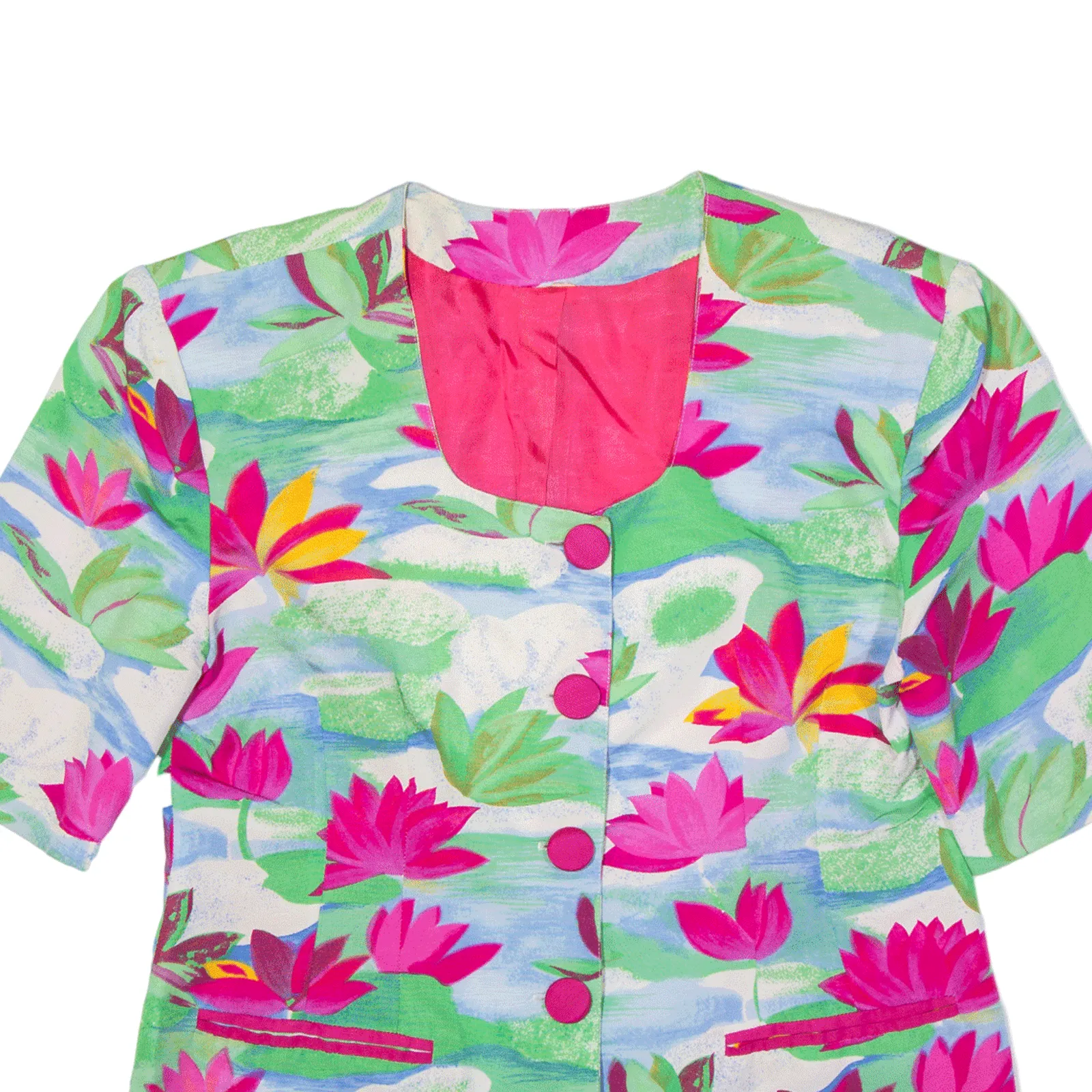 Water Lilies Padded Shoulder Short Sleeve Overcoat Jacket Pink 90s Floral Womens M