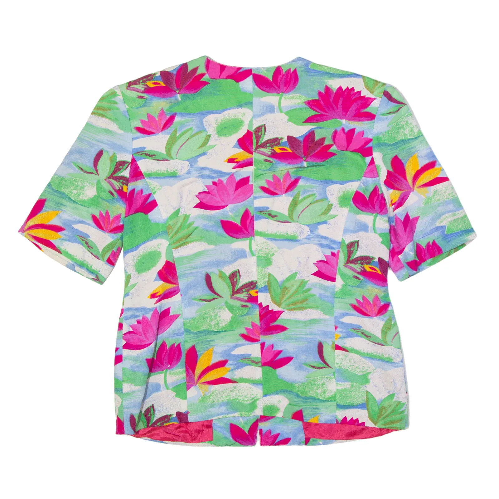 Water Lilies Padded Shoulder Short Sleeve Overcoat Jacket Pink 90s Floral Womens M