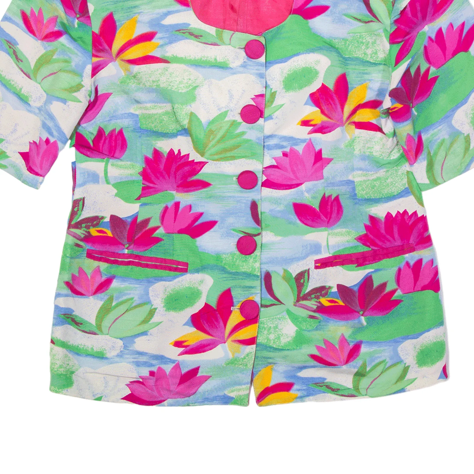 Water Lilies Padded Shoulder Short Sleeve Overcoat Jacket Pink 90s Floral Womens M