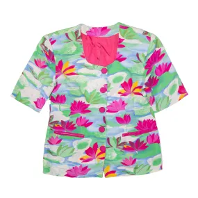 Water Lilies Padded Shoulder Short Sleeve Overcoat Jacket Pink 90s Floral Womens M