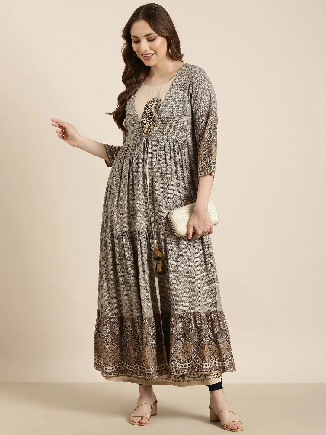 Women Anarkali Beige Ethnic Motifs Kurta Comes With Overcoat