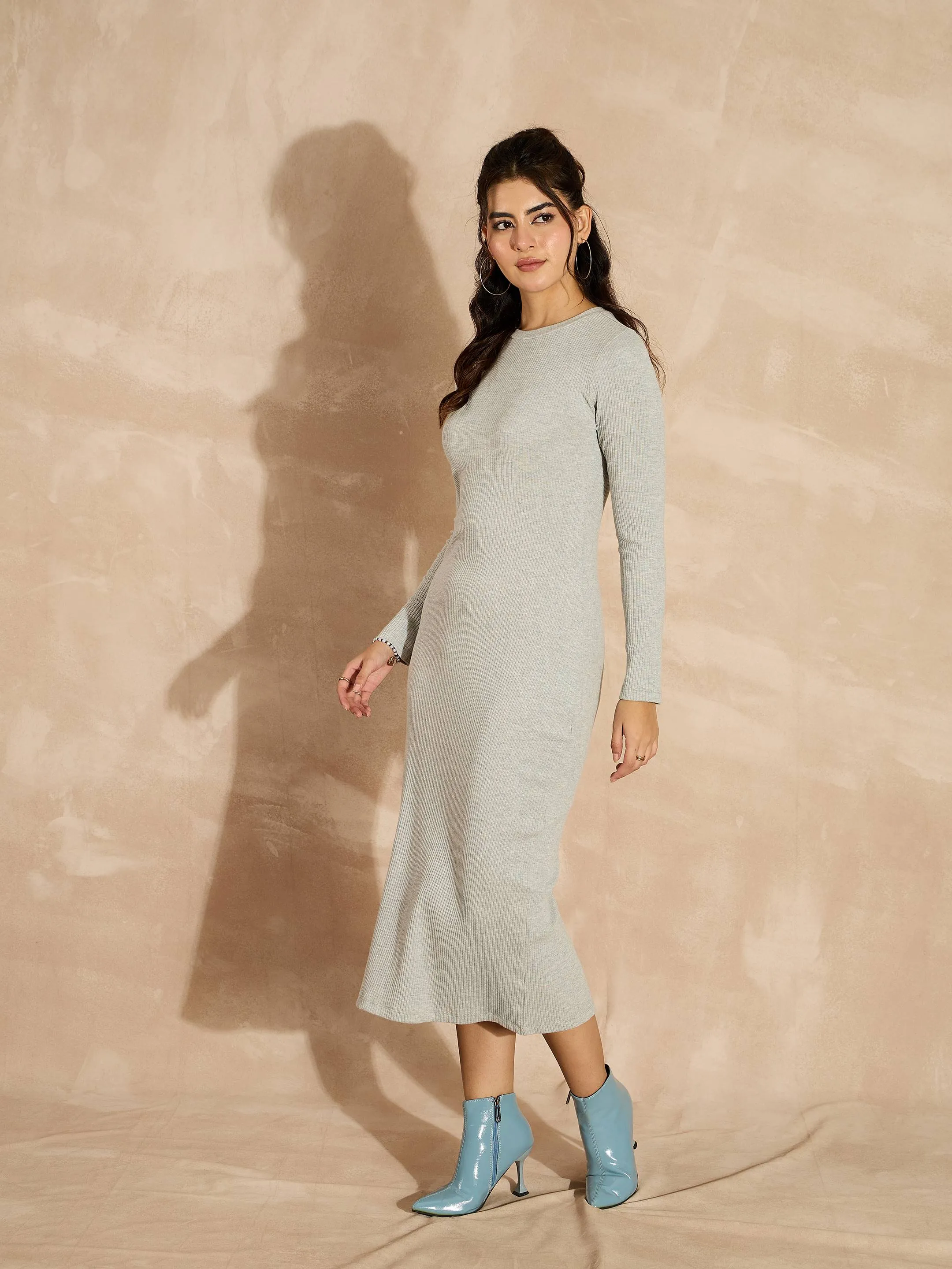 Women Grey Melange Rib Bodycon Full Sleeves Midi Dress