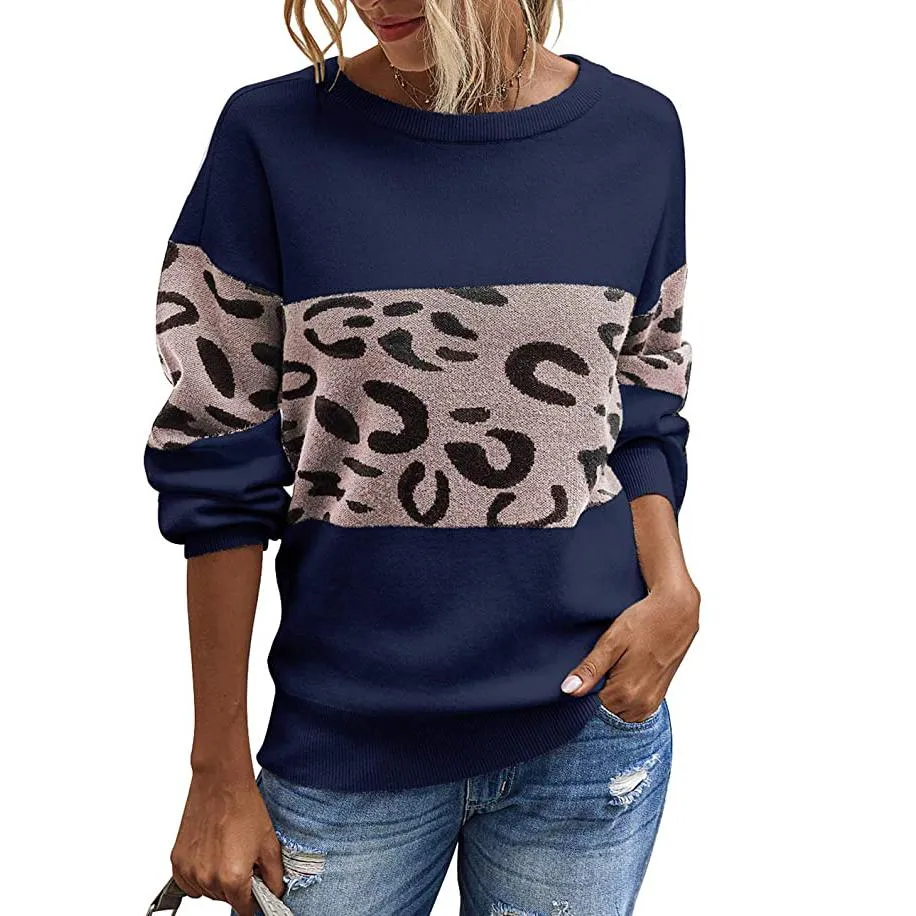 Women’s Long Sleeve Off Shoulder Knitted Leopard Print Sweater