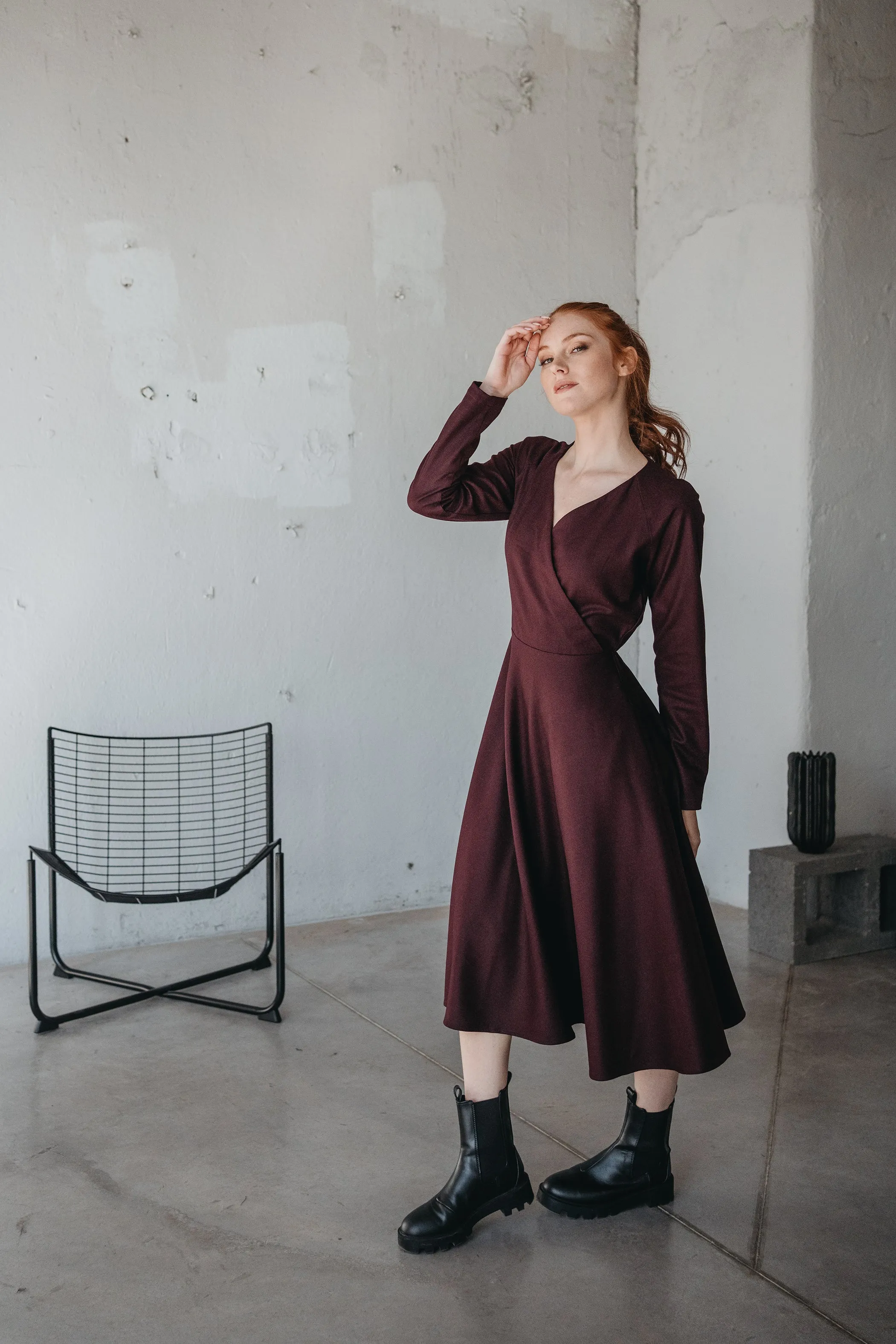 Wool Wrap-Top Dress in Midi Length