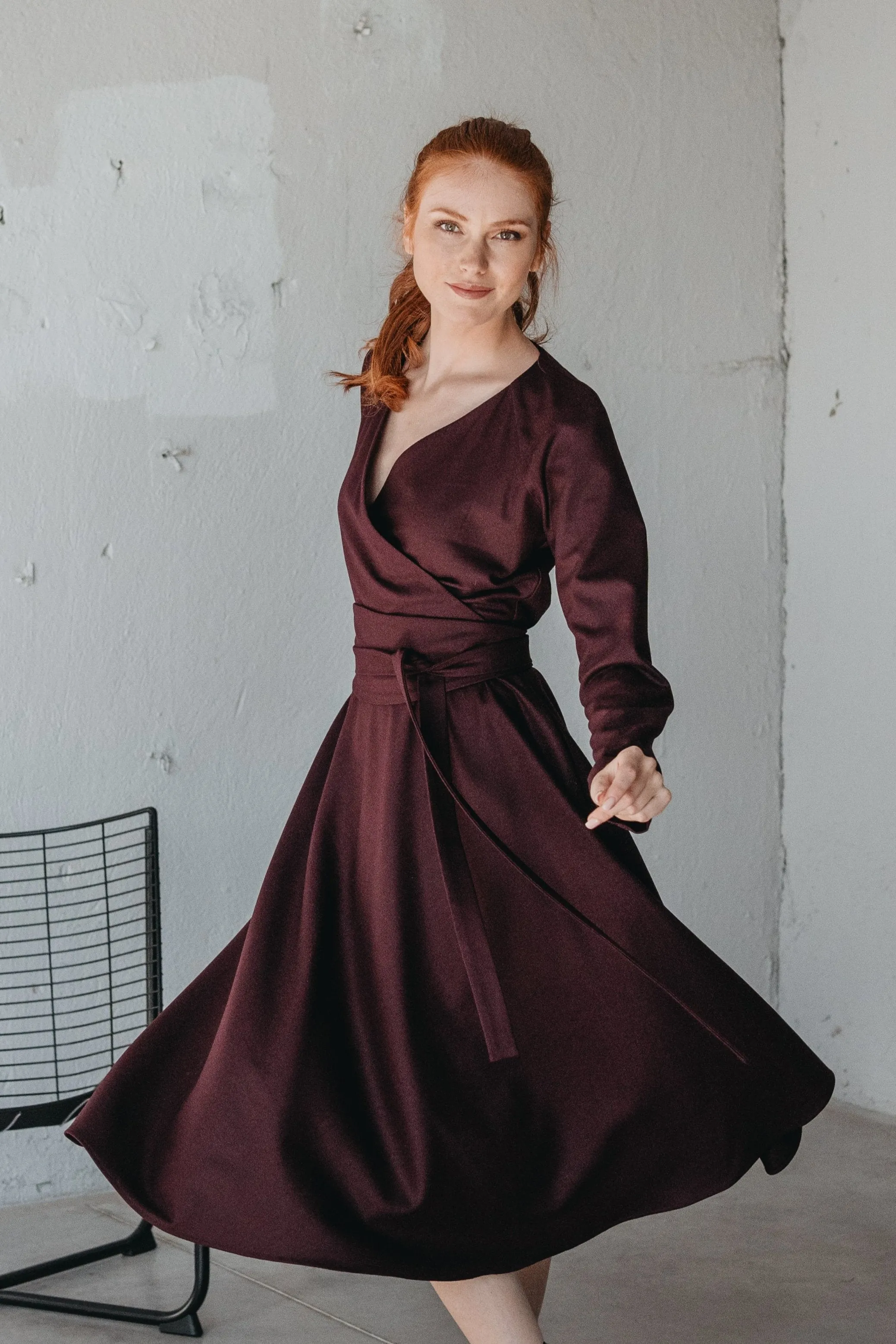 Wool Wrap-Top Dress in Midi Length