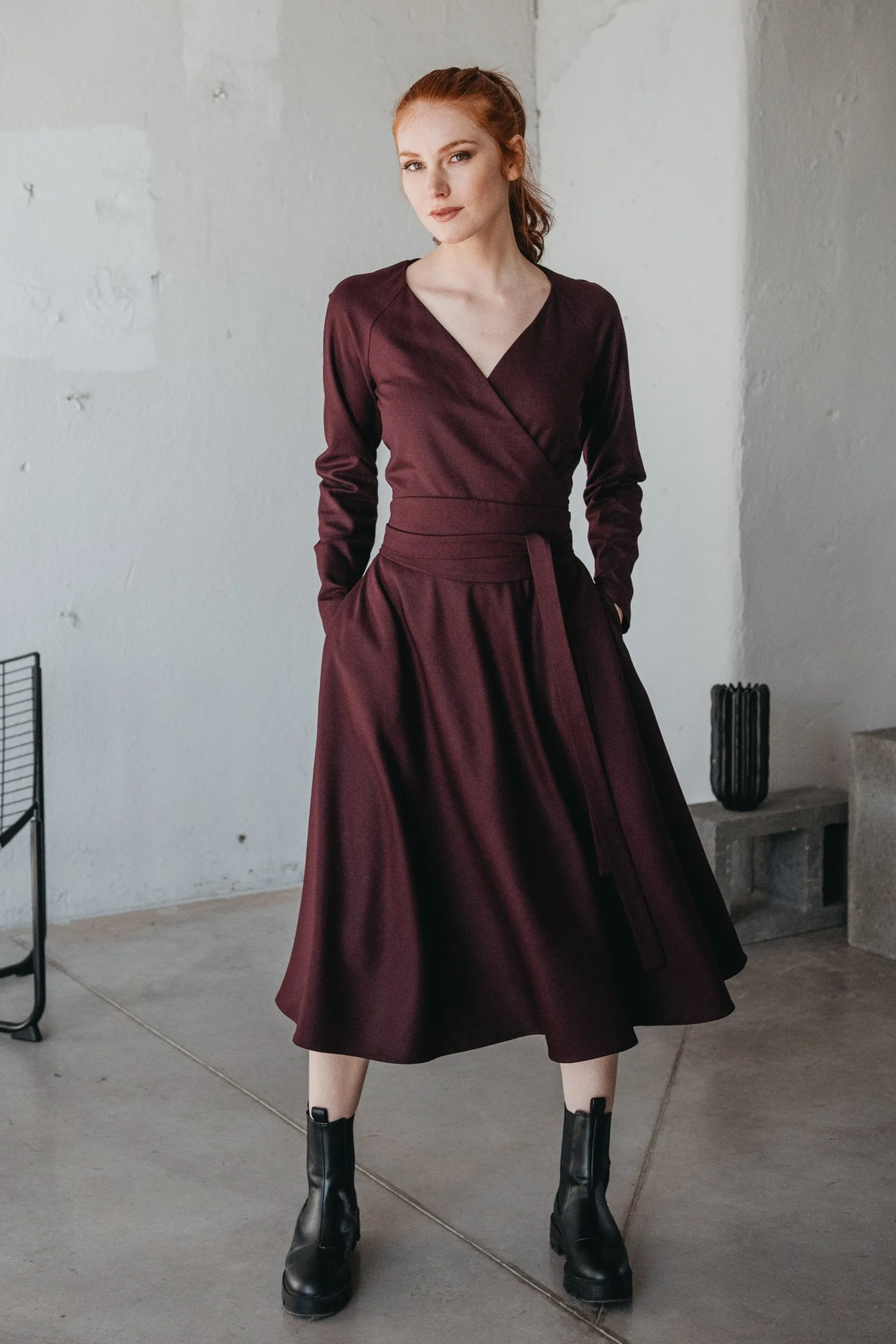 Wool Wrap-Top Dress in Midi Length