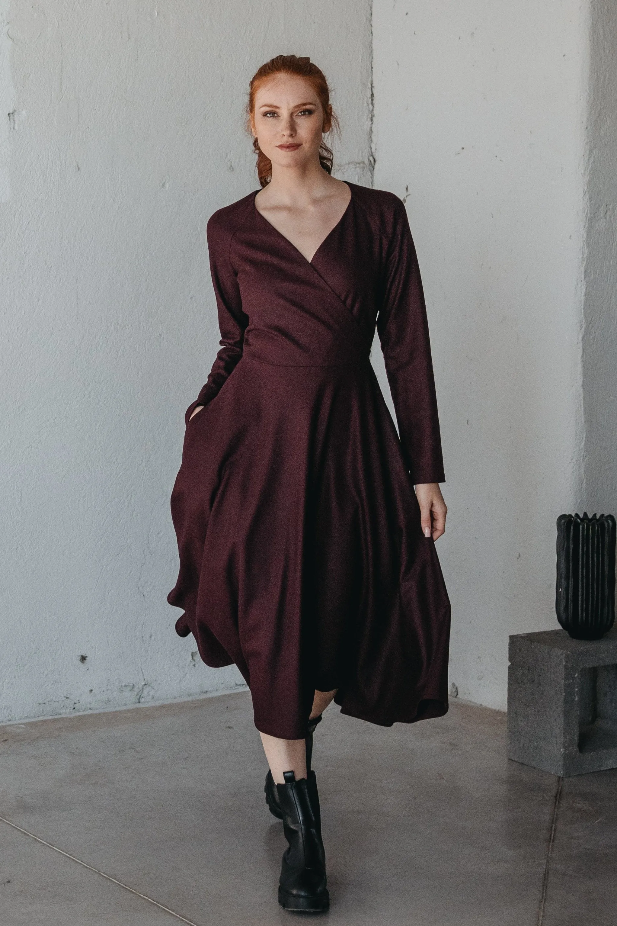 Wool Wrap-Top Dress in Midi Length