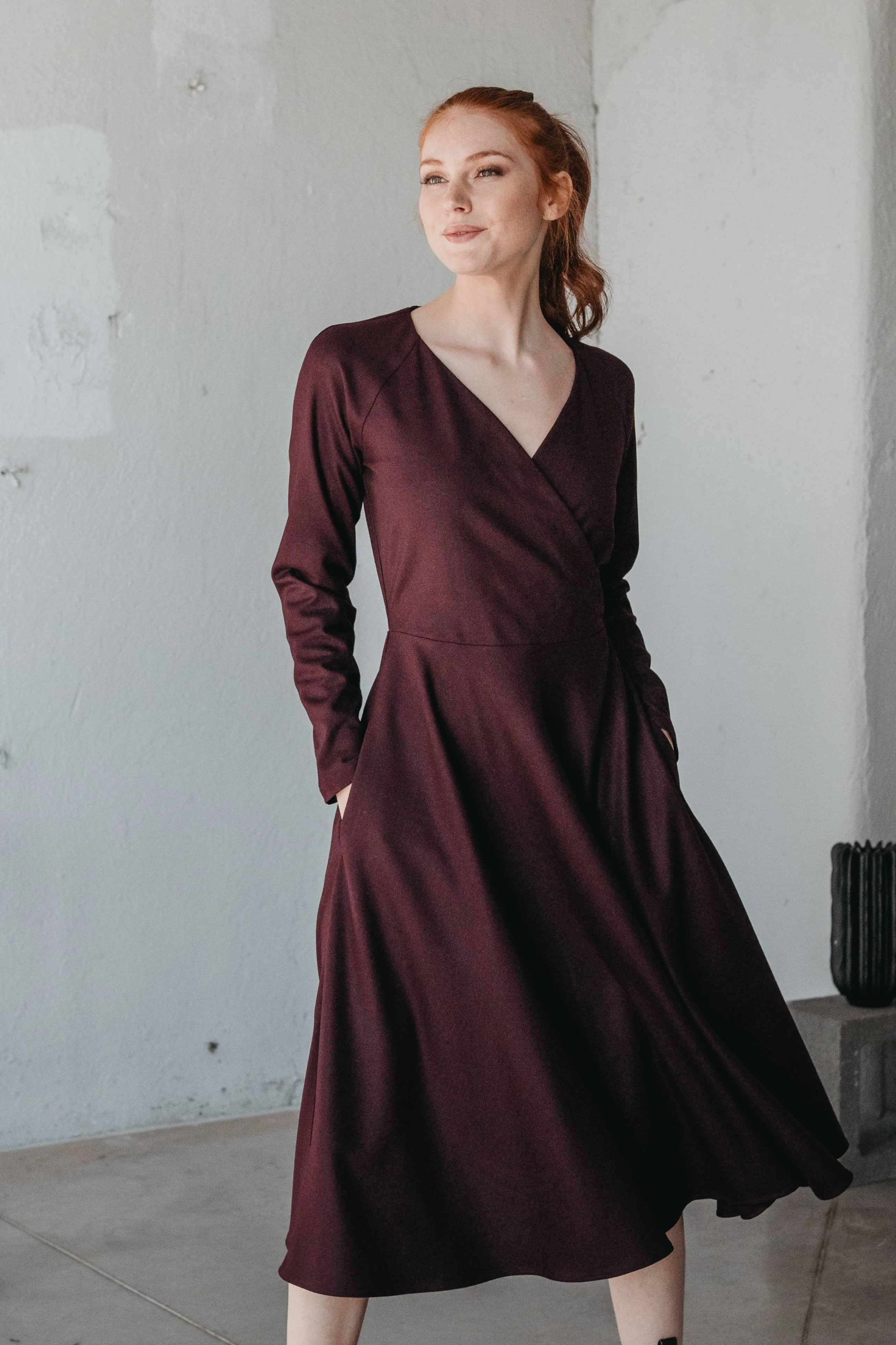 Wool Wrap-Top Dress in Midi Length
